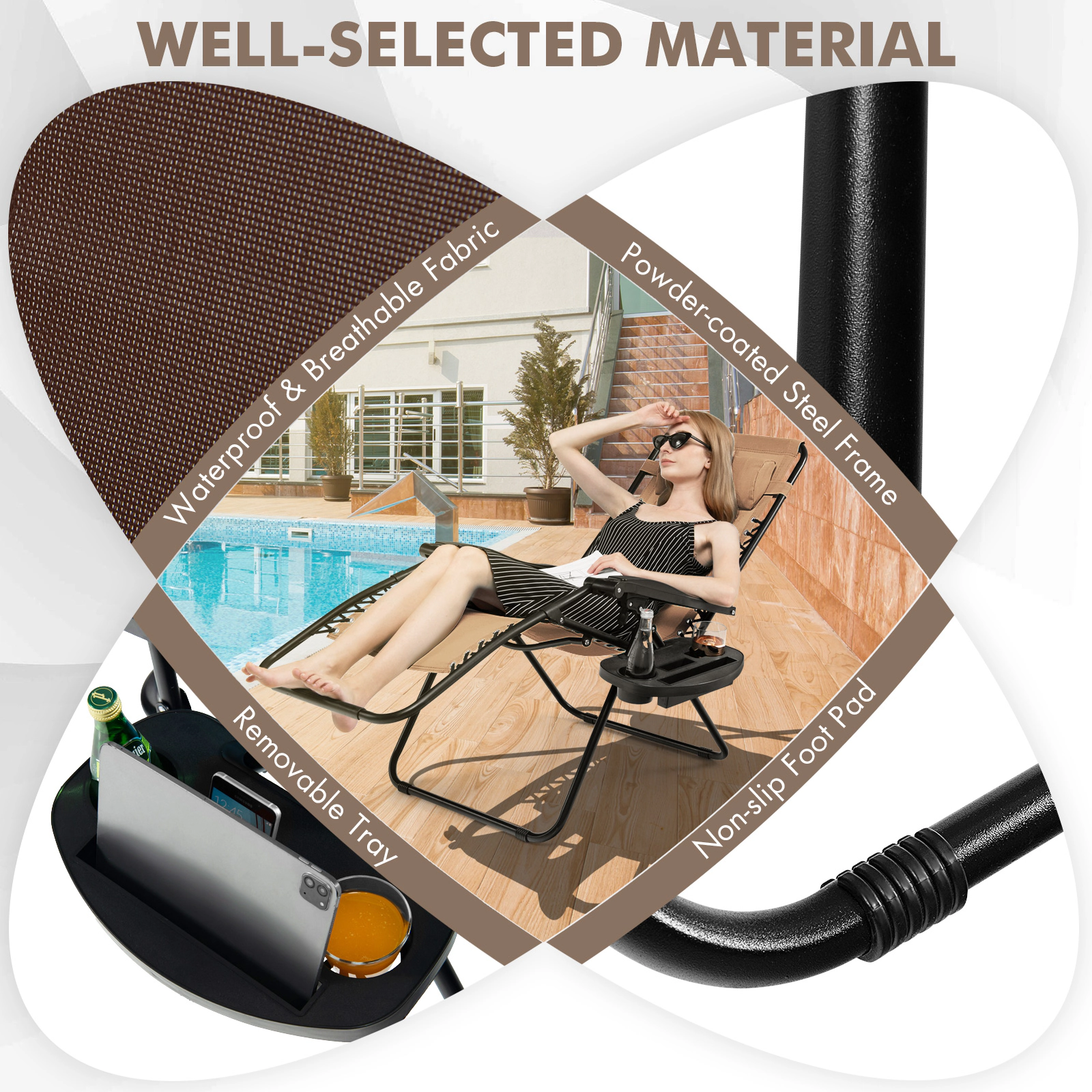 SUGIFT Zero Gravity Reclining Lounge Chair Folding Patio Recliner with Utility Tray