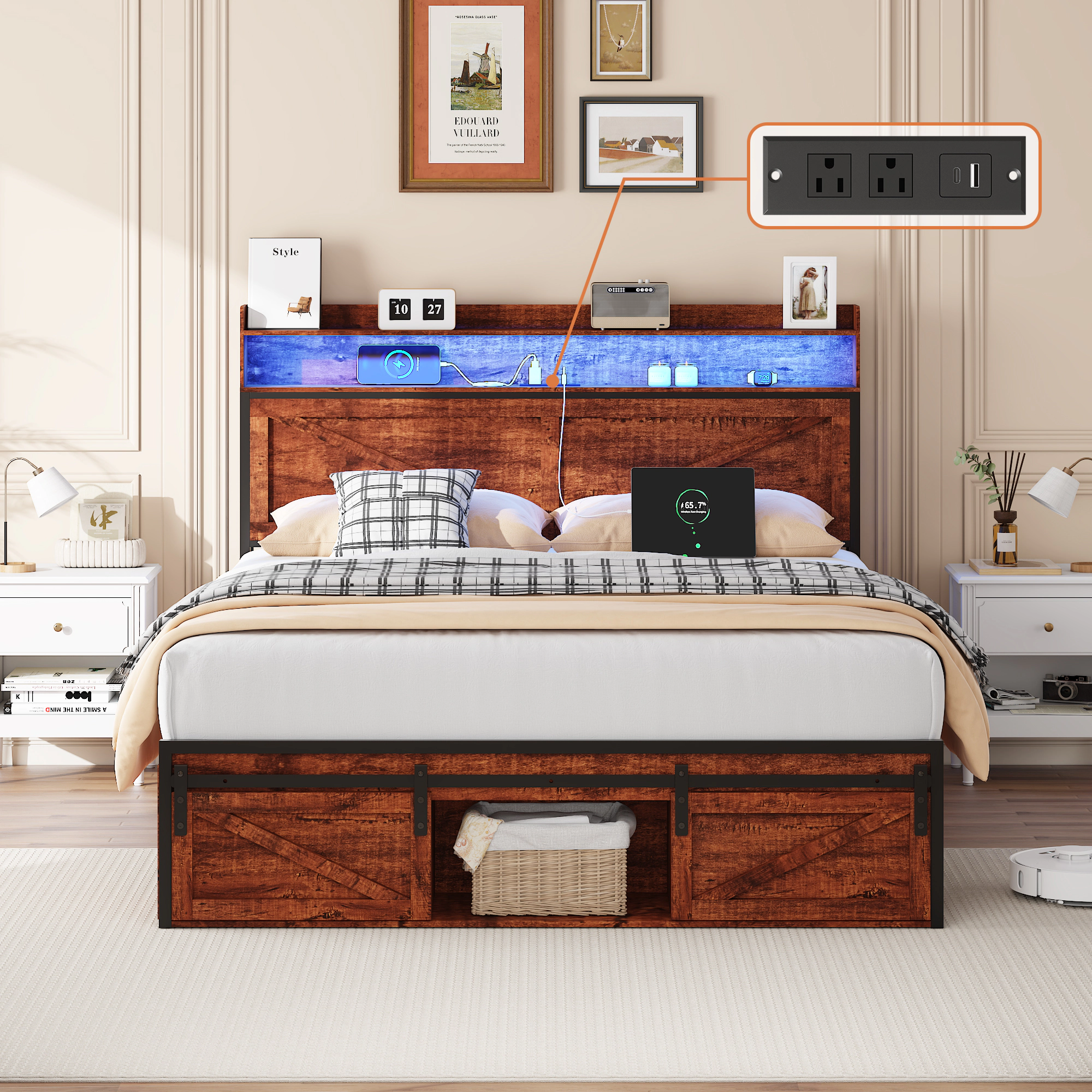 Flynama Queen Bed Frame with Storage & LED Headboard, Anti-Slip Metal Platform, Brown