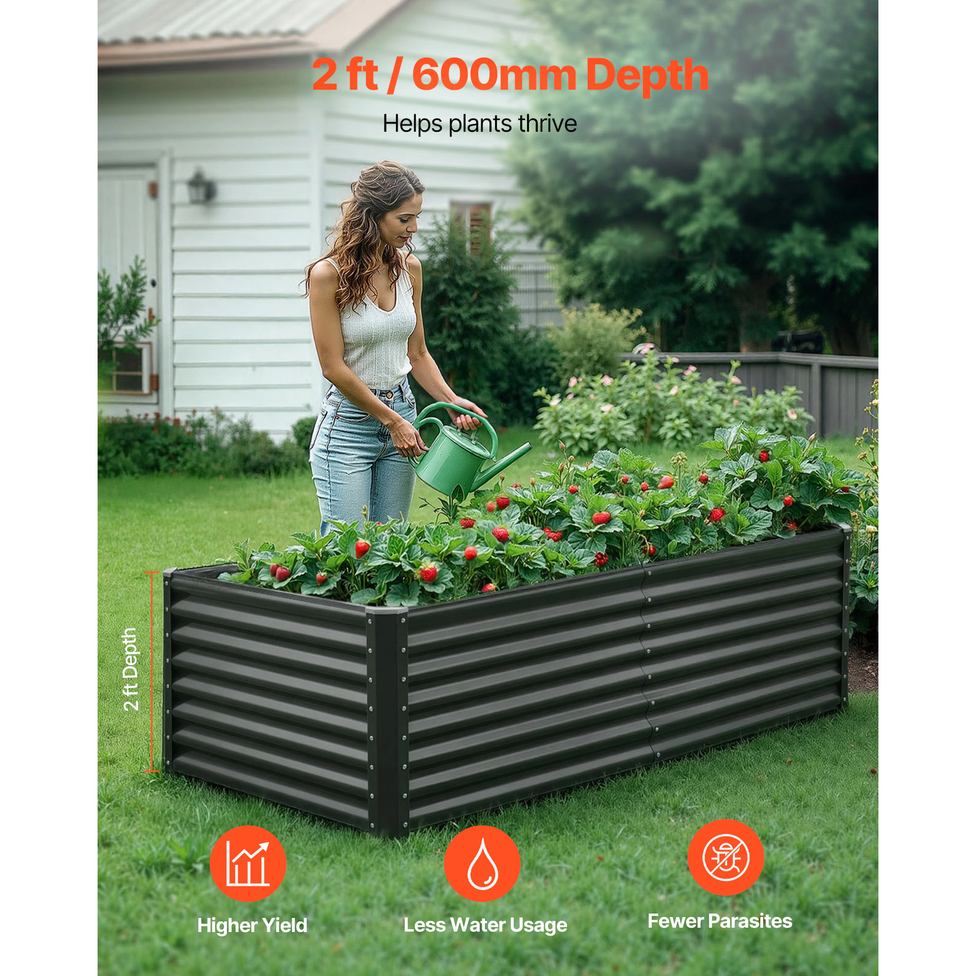 HONGGE 6x3x2 Ft Galvanized Raised Garden Bed, Dark Gray Metal Planter Box with Open Bottom Drainage Design