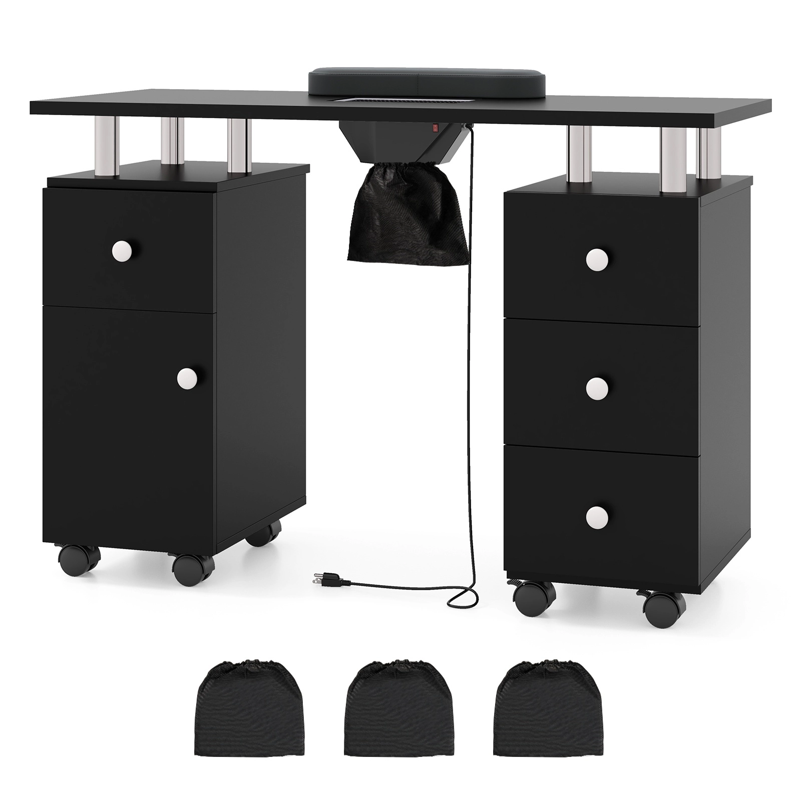 SUGIFT Manicure Table Nail Desk with Electric Dust Collector 88-lb Tabletop Capacity with Cabinet and 4 Drawers Black