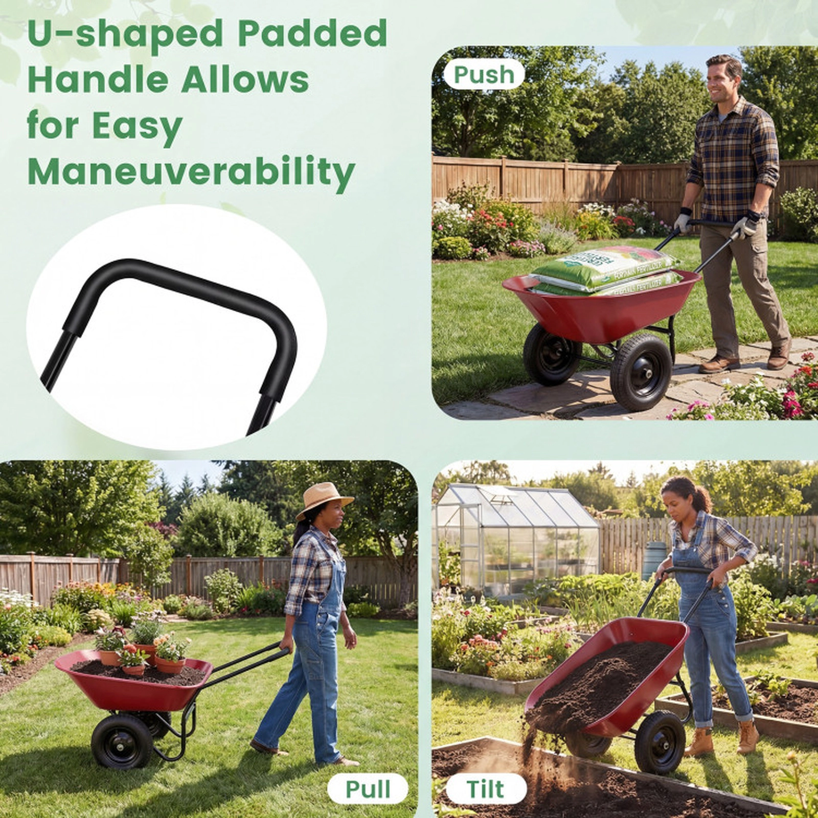 SUGIFT Steel 2-Tire Utility Dolly Garden Cart Wheelbarrow 54-in Frame 22-lb Net Weight Patio Warehouse Farm Use Red