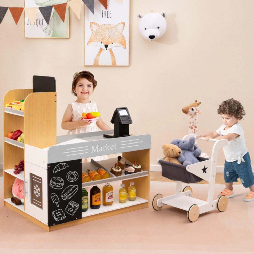 Hivvago Pretend Play Grocery Store Set with Shopping Cart and 2 Chalkboards-White