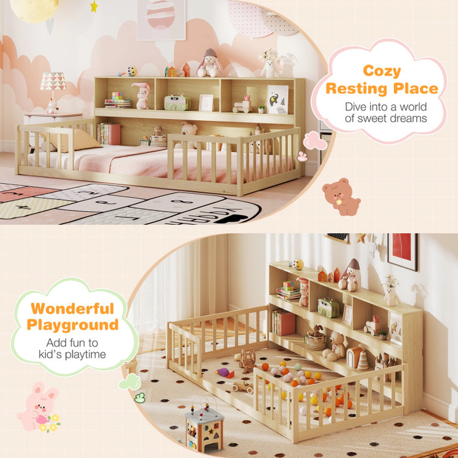 SUGIFT Montessori Floor Bed Integrated 76-in Bookcase & Fence Rails Twin Trundle Bed 44-lb Bookshelf Capacity Gray/White