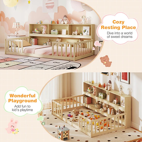 SUGIFT Montessori Floor Bed Integrated 76-in Bookcase & Fence Rails Twin Trundle Bed 44-lb Bookshelf Capacity Gray/White