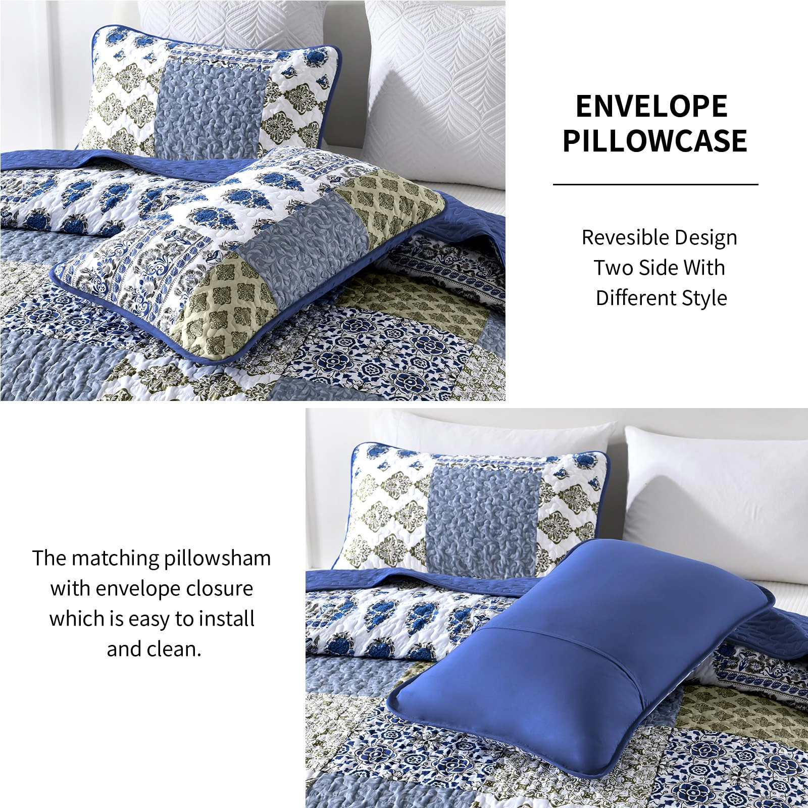 PUPWE Boho Quilt King  Patchwork Bedding Set Black Grey