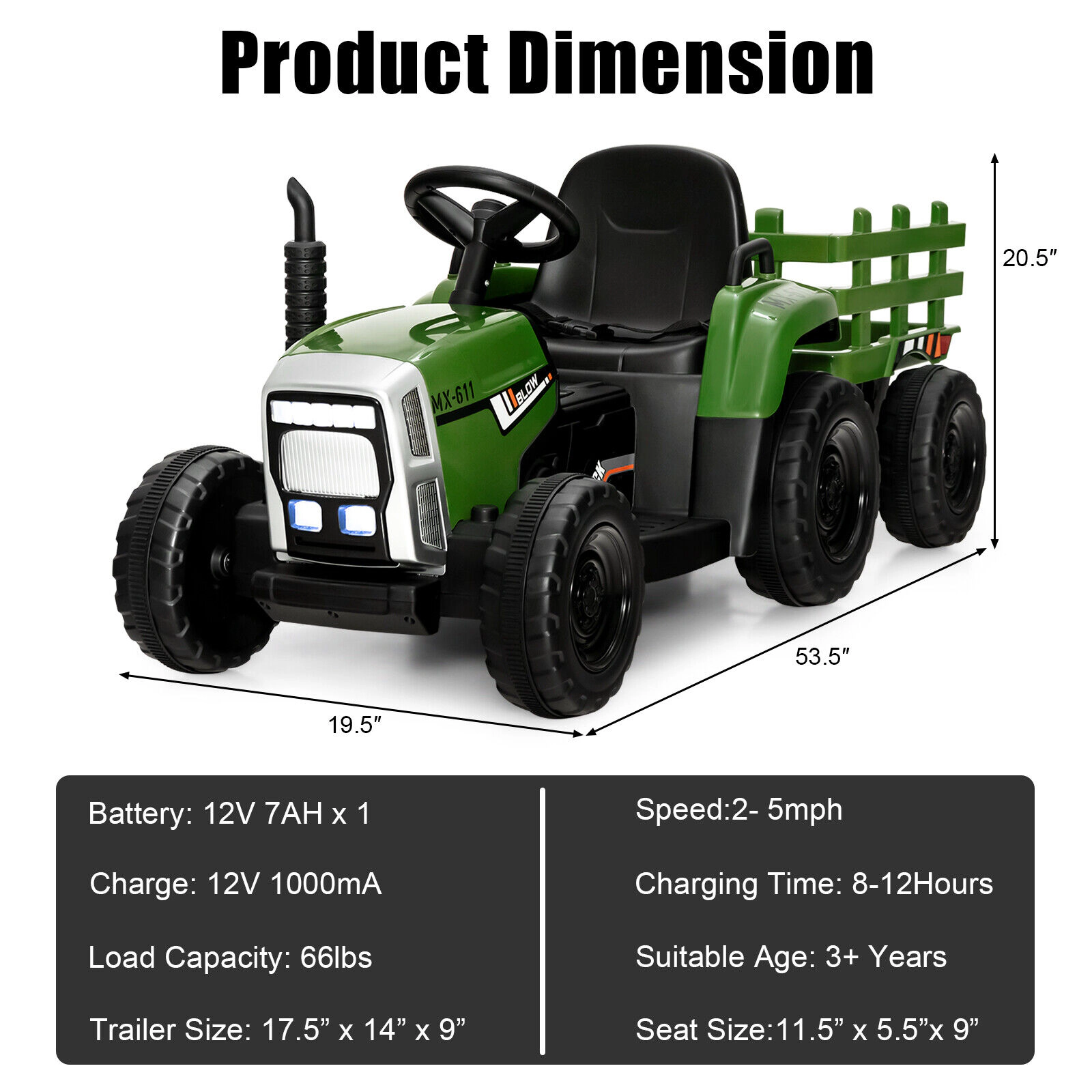 12V Ride On Tractor for Kids Detachable Trailer 3-Gear Shift Ground Loader Parent Remote LED Lights Ages 3+ Dark Green