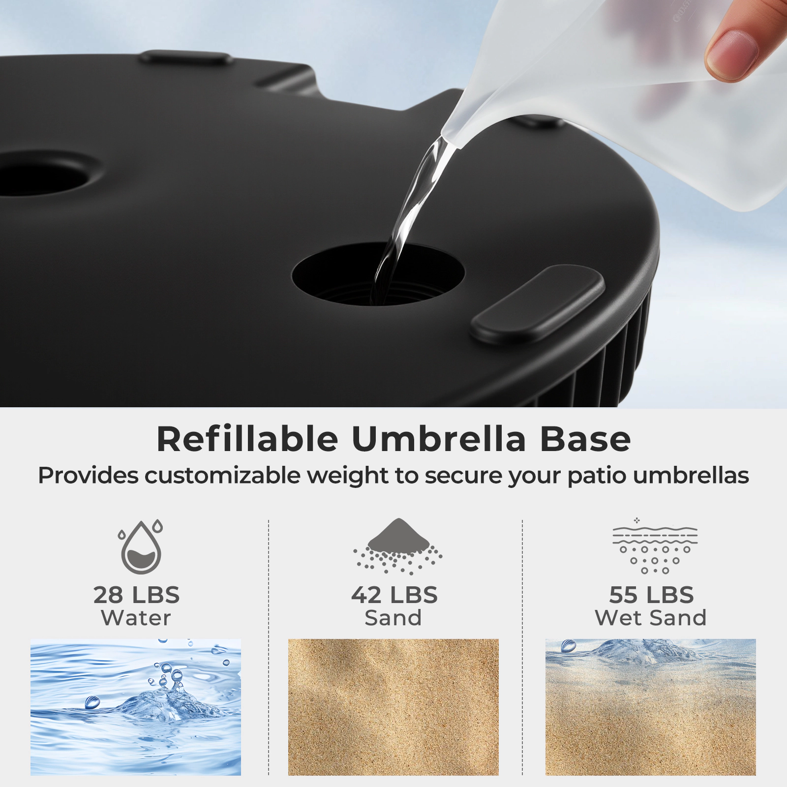 Slickblue Fillable Patio Umbrella Base with Metal Holder and 3 Adapters Black