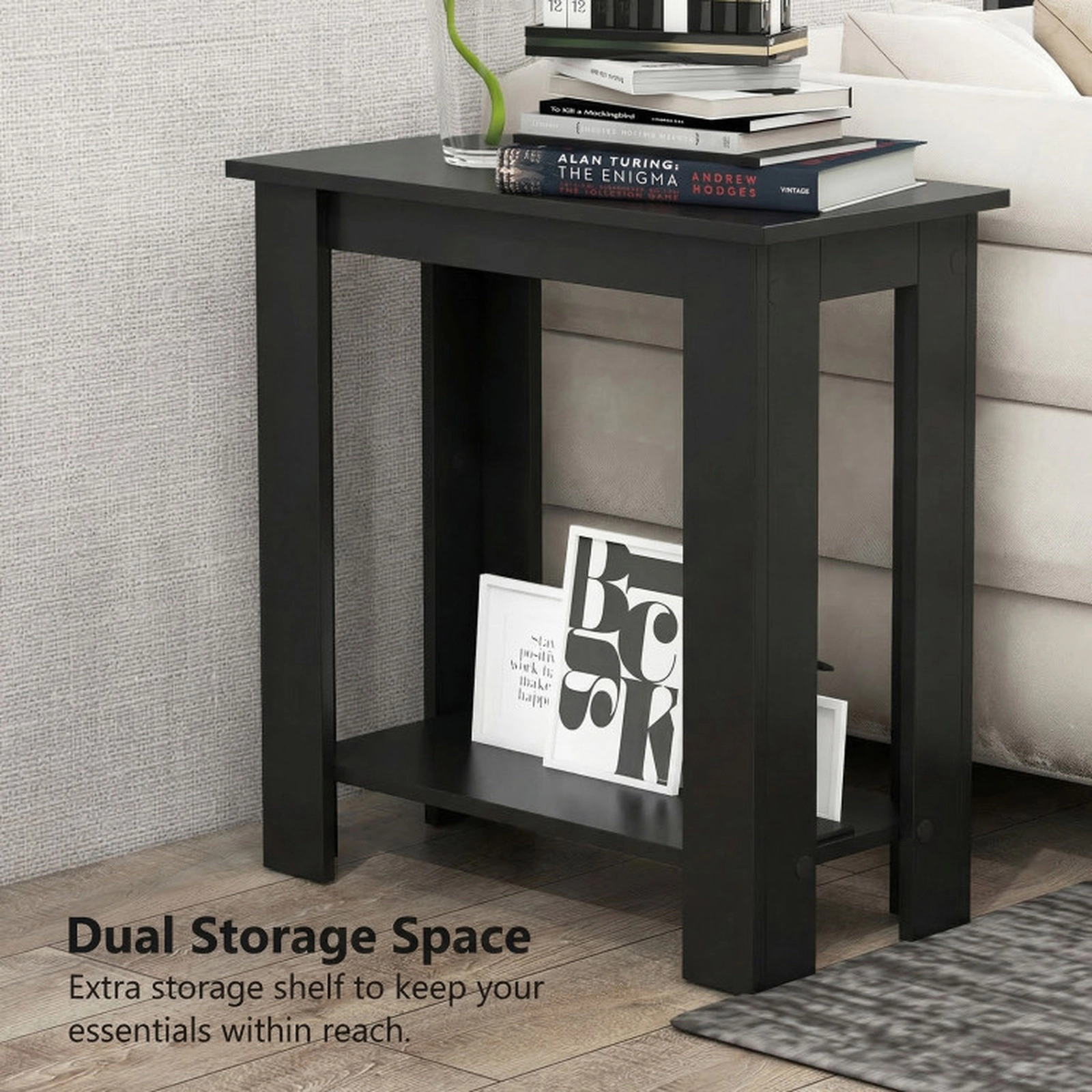 SUGIFT 23.5 in End Table Black 2-Tier Compact Side Table with Storage Shelf