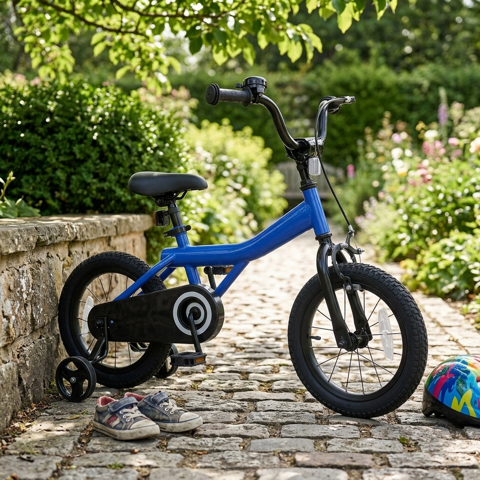 14-in Kids Bike Removable Training Wheels Short-Reach Handbrake Rear Coaster Brake Chain Guard and Bell Ages 3-5 Navy