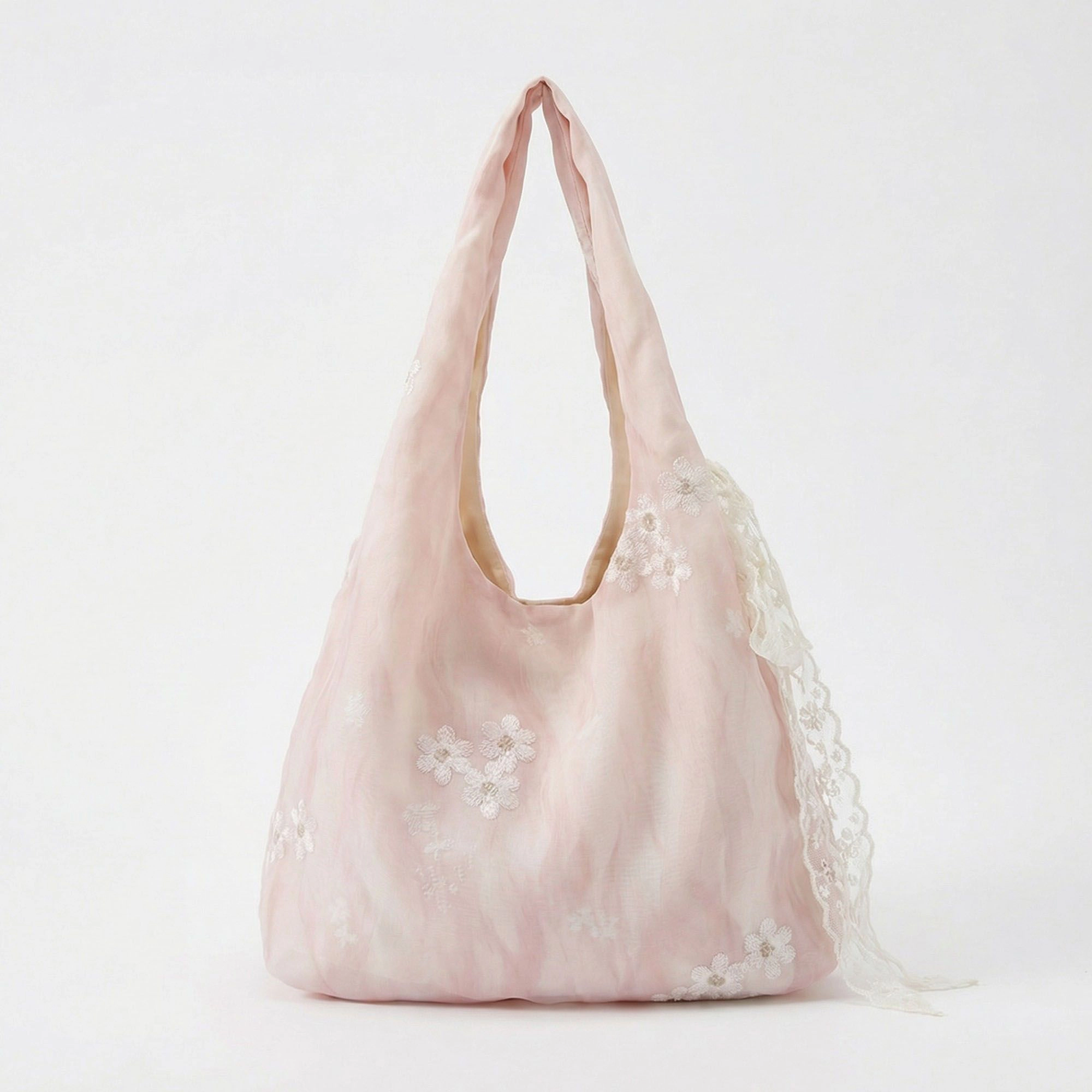 Alilang Women's Soft Shoulder Bag with Floral Embroidery Lace Trim Detail and Slouchy Hobo Silhouette