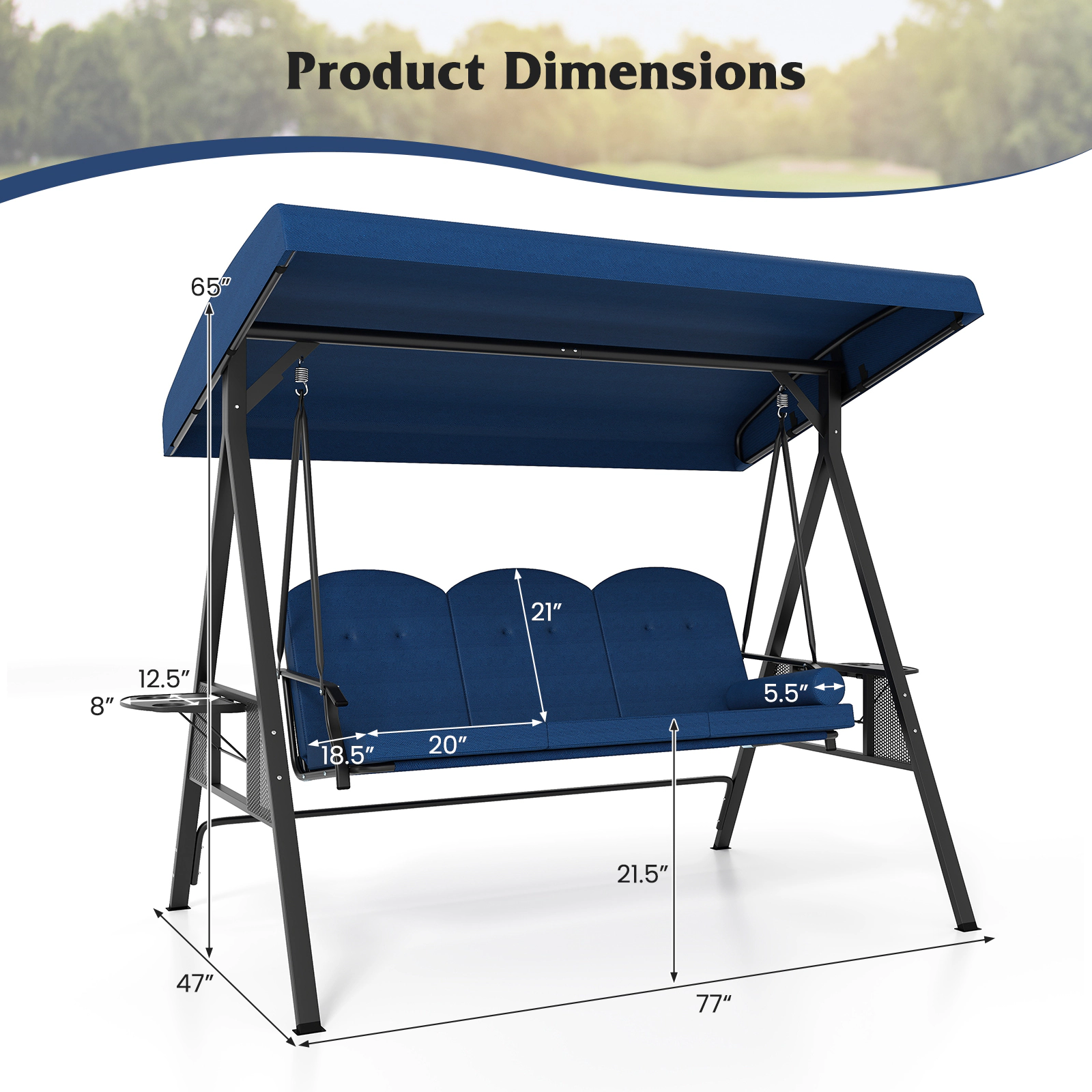 SUGIFT 3-Seat Patio Swing Chair Adjustable 60° Canopy 1000-lb Capacity with Thickened Cushions Pillow & Foldable 12.5