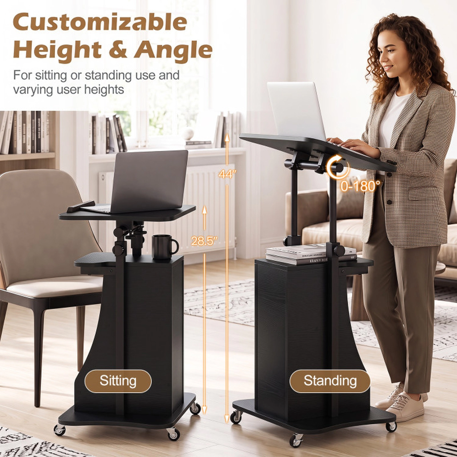 SUGIFT 200-lb Capacity 28.5-in to 44-in Sit-to-Stand Rolling Laptop Desk Cart with Tilting Top and Shelves