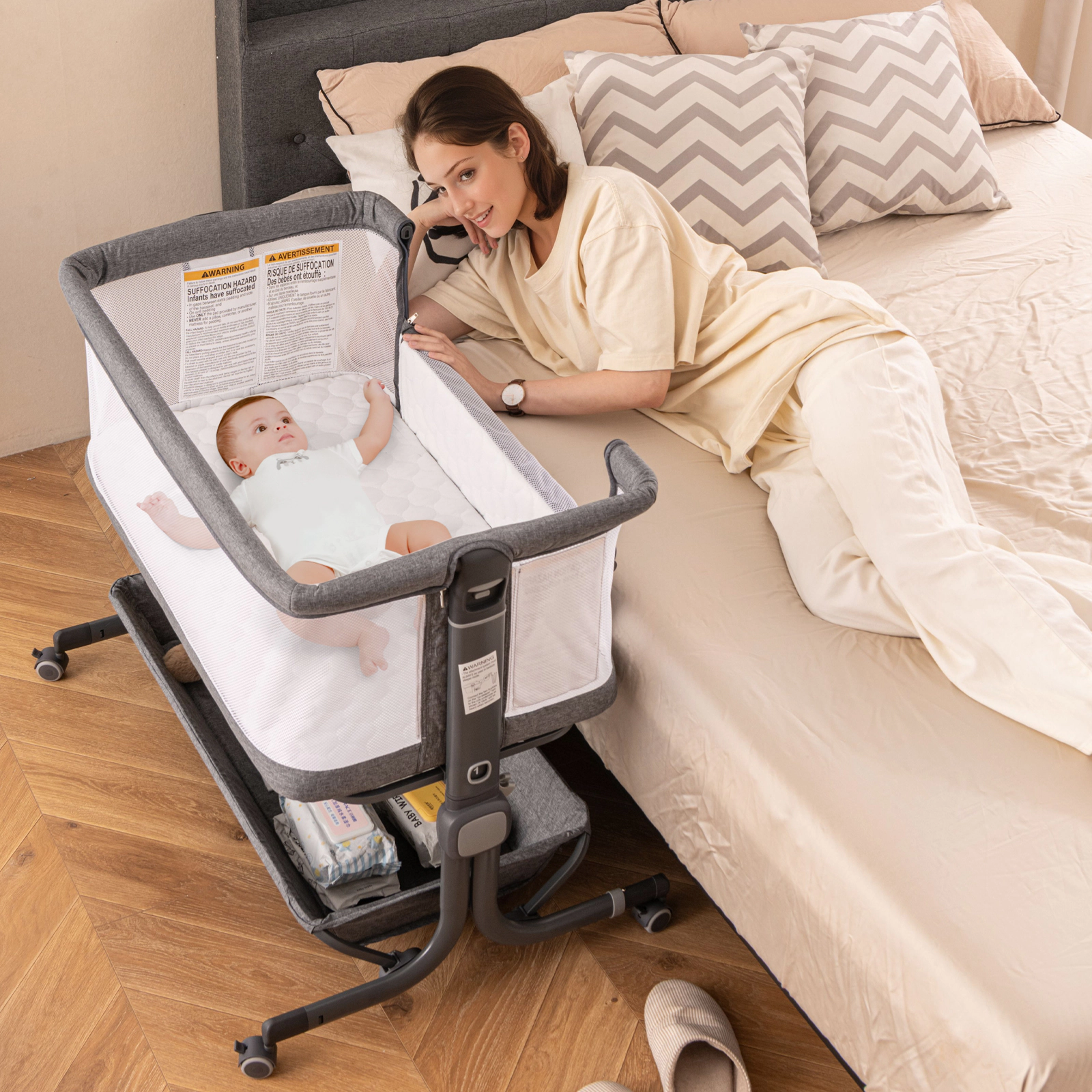 SUGIFT 3-in-1 Baby Bassinet Bedside Sleeper with 6-Position Adjustable Height 20-lb Capacity Ages 0-6 Months Gray