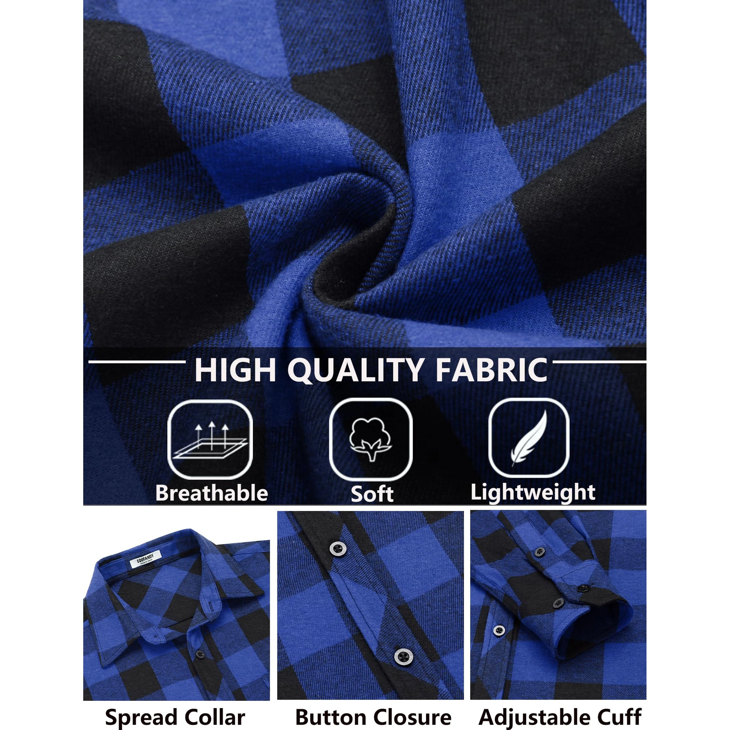 COOFANDY Men's Regular Fit Long Sleeve Collar Neck Flannel Shirt