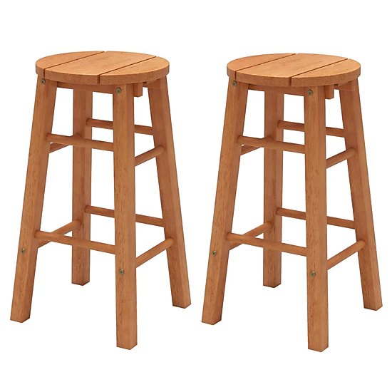 SUGIFT Set of 2 Round Seat and Footrest Eucalyptus Wood 24-in 265-lb Rated Outdoor Bar Stools Natural