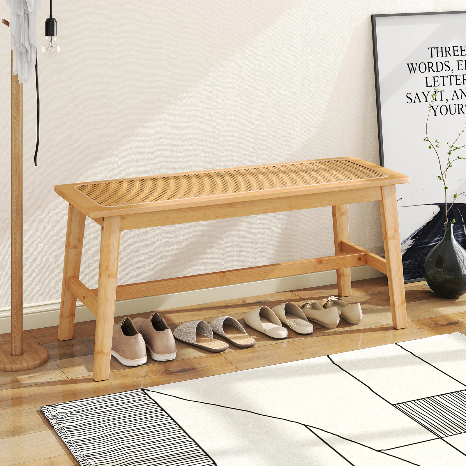 LJG 39.5 Inch Bamboo Dining Bench with Handwoven Rattan Seat for Indoor Outdoor