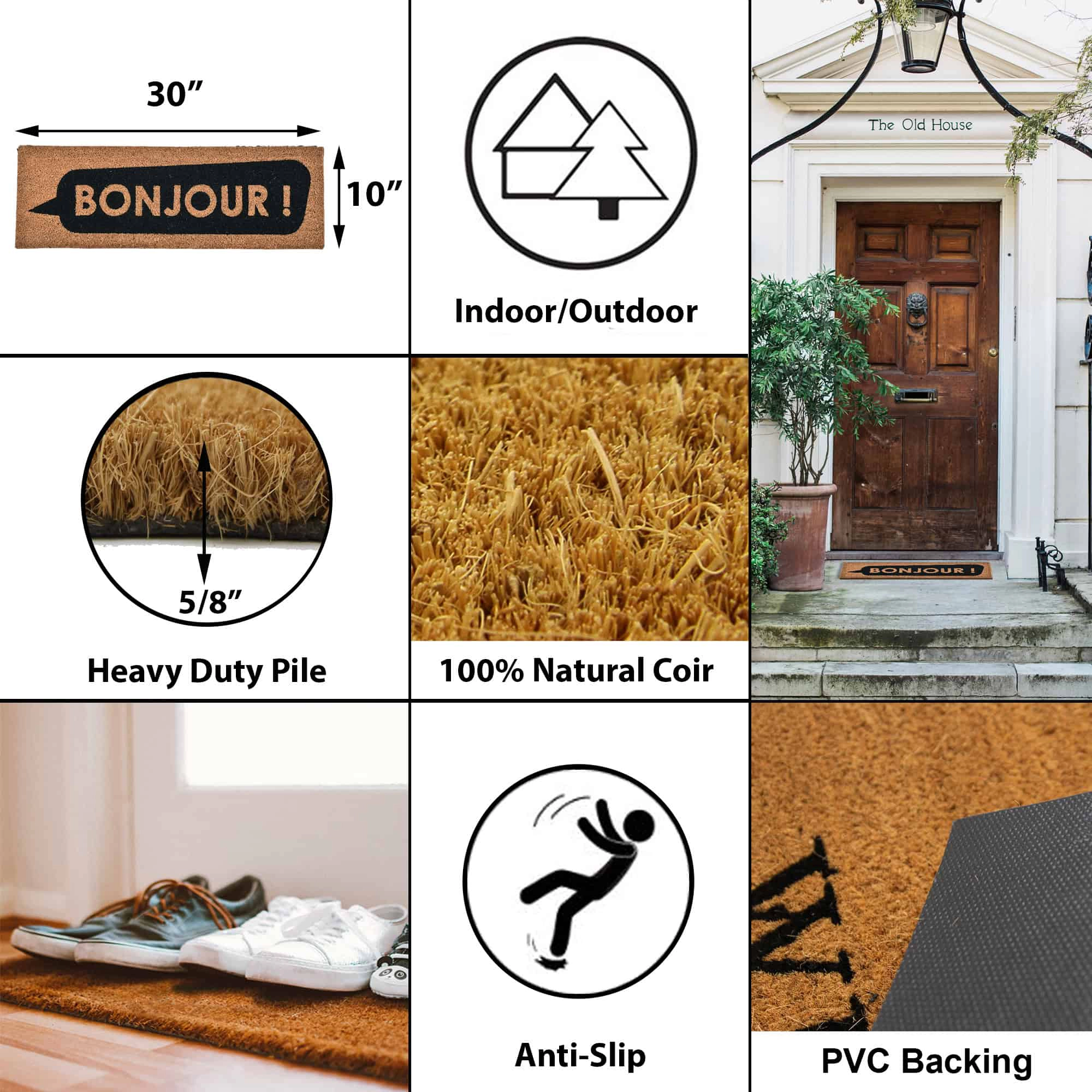 Evideco French Home Goods Natural and Black Bonjour Coir Doormat 30 x 10 Inches