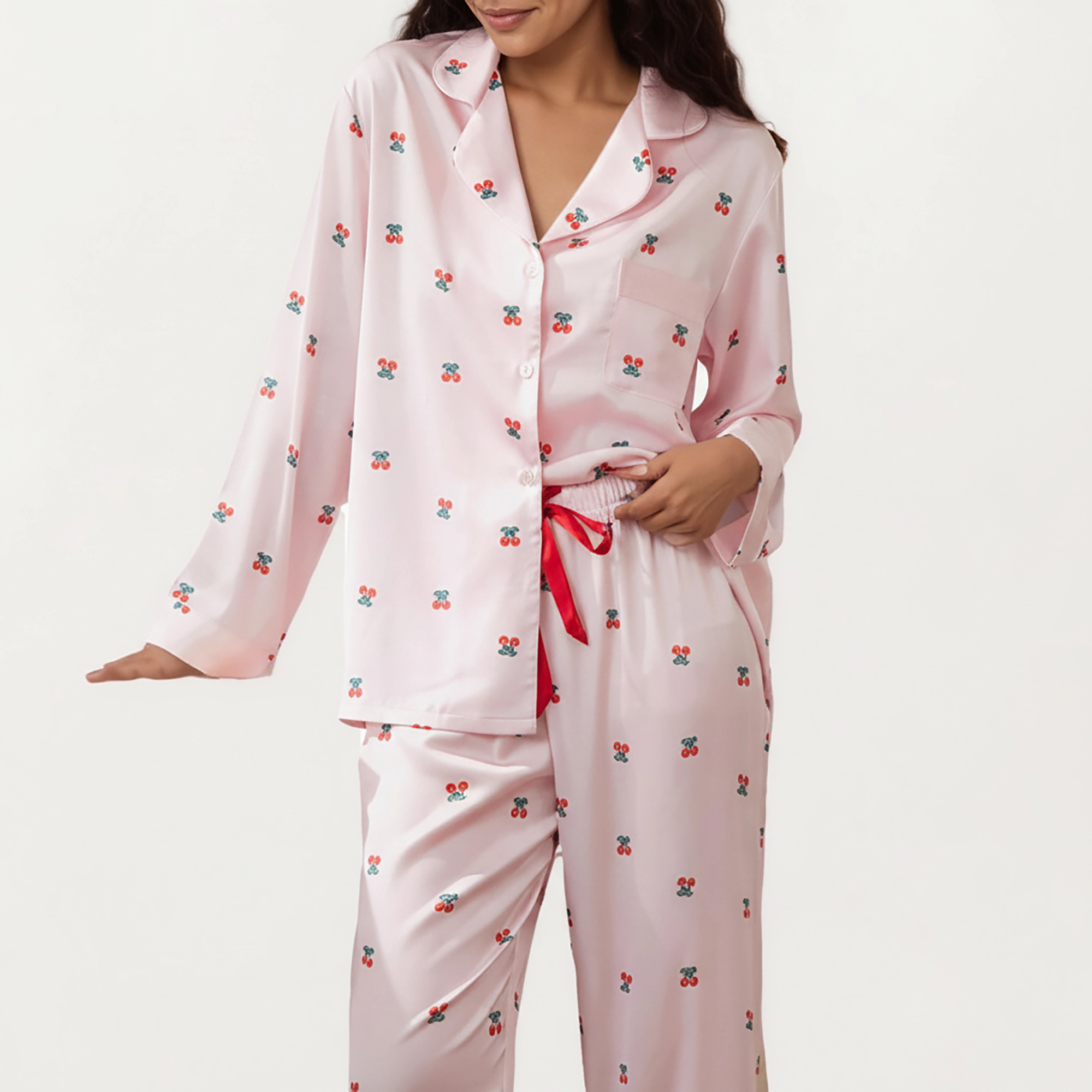 Anna-Kaci Women's Satin Long Sleeve Pajama Set with Mini Bow Print Button Up Top and Chest Pocket