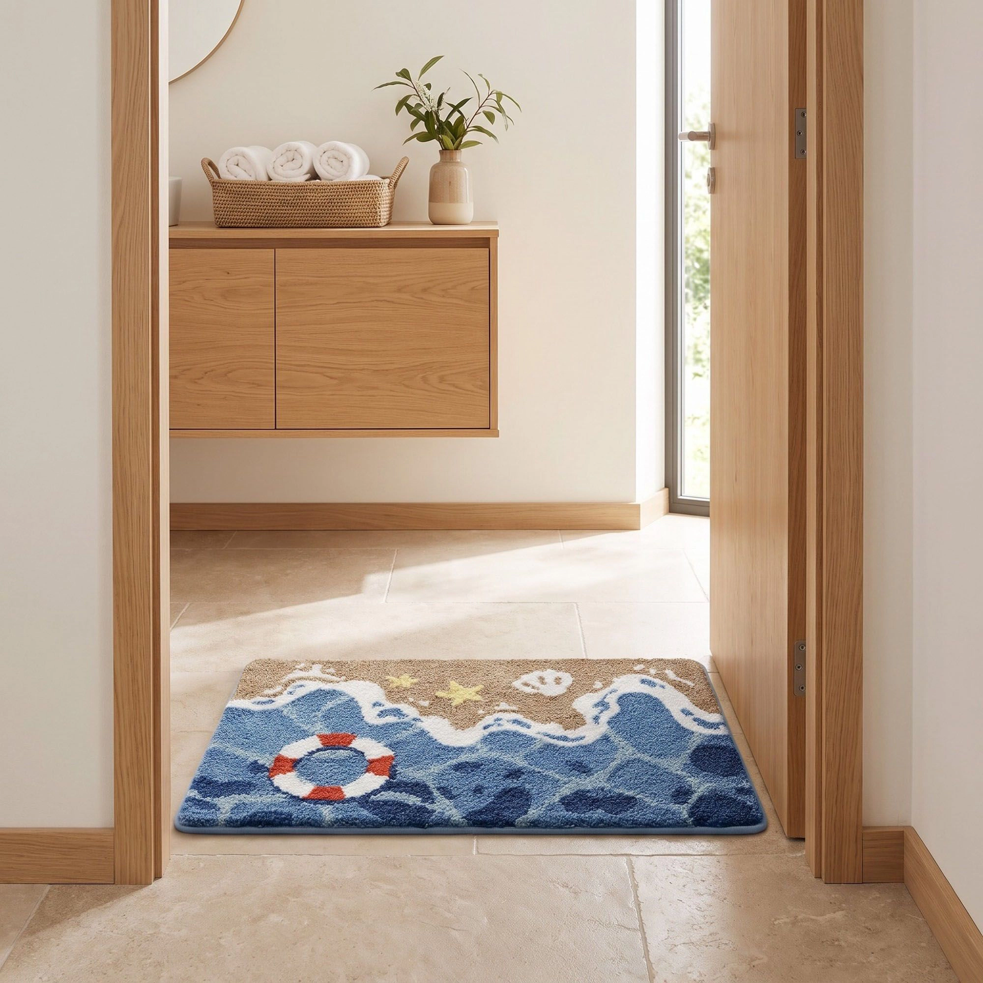 Alilang Unisex Coastal Ocean Wave Plush Bathroom Mat with Life Preserver and Seashell Design