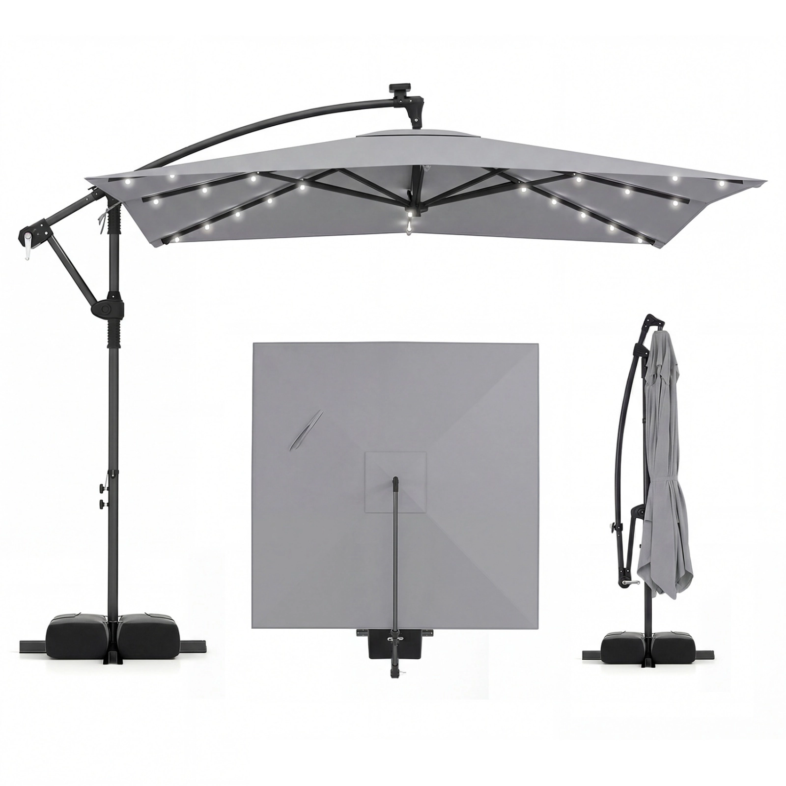 SUGIFT 8-ft Gray Square Solar LED Offset Patio Umbrella with Crank Lift and 360-Degree Rotation for Deck