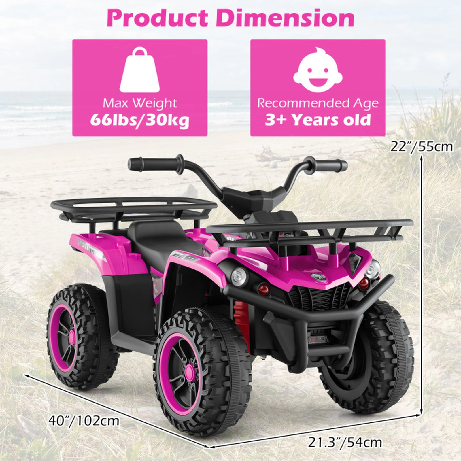 SUGIFT 24V Electric Ride On Quad ATV LED Headlights 66-lb Capacity Ages 3+ 4-Wheel Kids Vehicle Black+Pink with Storage