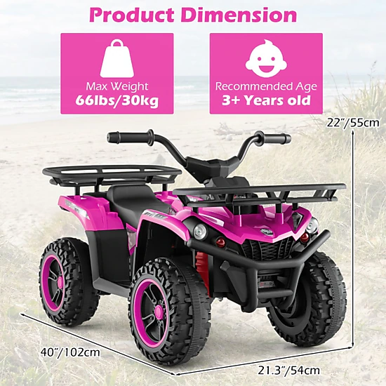 SUGIFT 24V Electric Ride On Quad ATV LED Headlights 66-lb Capacity Ages 3+ 4-Wheel Kids Vehicle Black+Pink with Storage