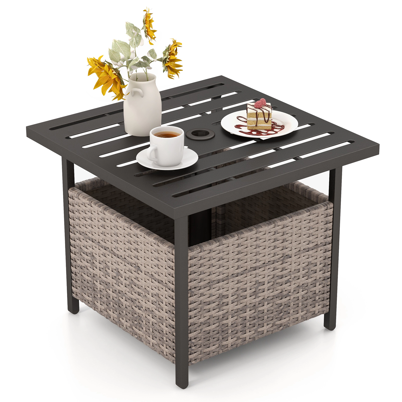 SUGIFT Outdoor Patio Rattan Wicker Steel Side Deck Table with PE Rattan Storage 165-lb Capacity Gray