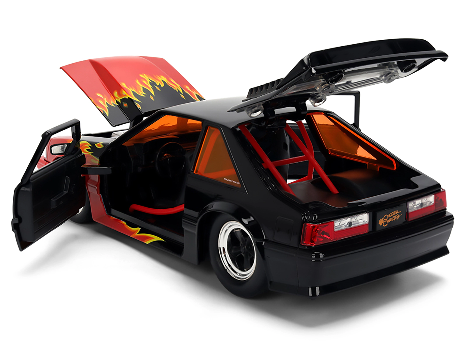 Jada 1989 Ford Mustang GT Black with Red Flame Graphics and Chester Cheetah Diecast Figure "Cheetos Flamin'