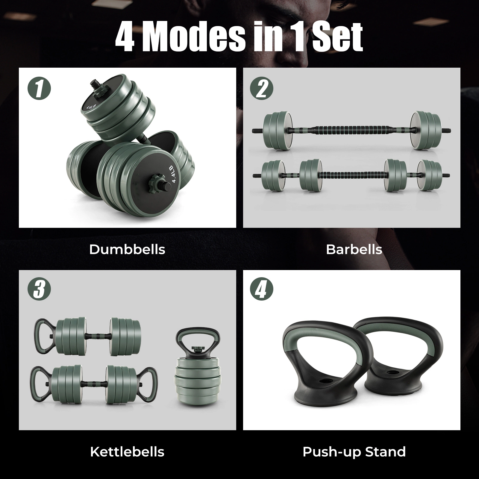 SUGIFT Black 4-in-1 Adjustable Dumbbell and Barbell Set with Kettlebell Base 21-in Bar 91.5-lb Total Weight