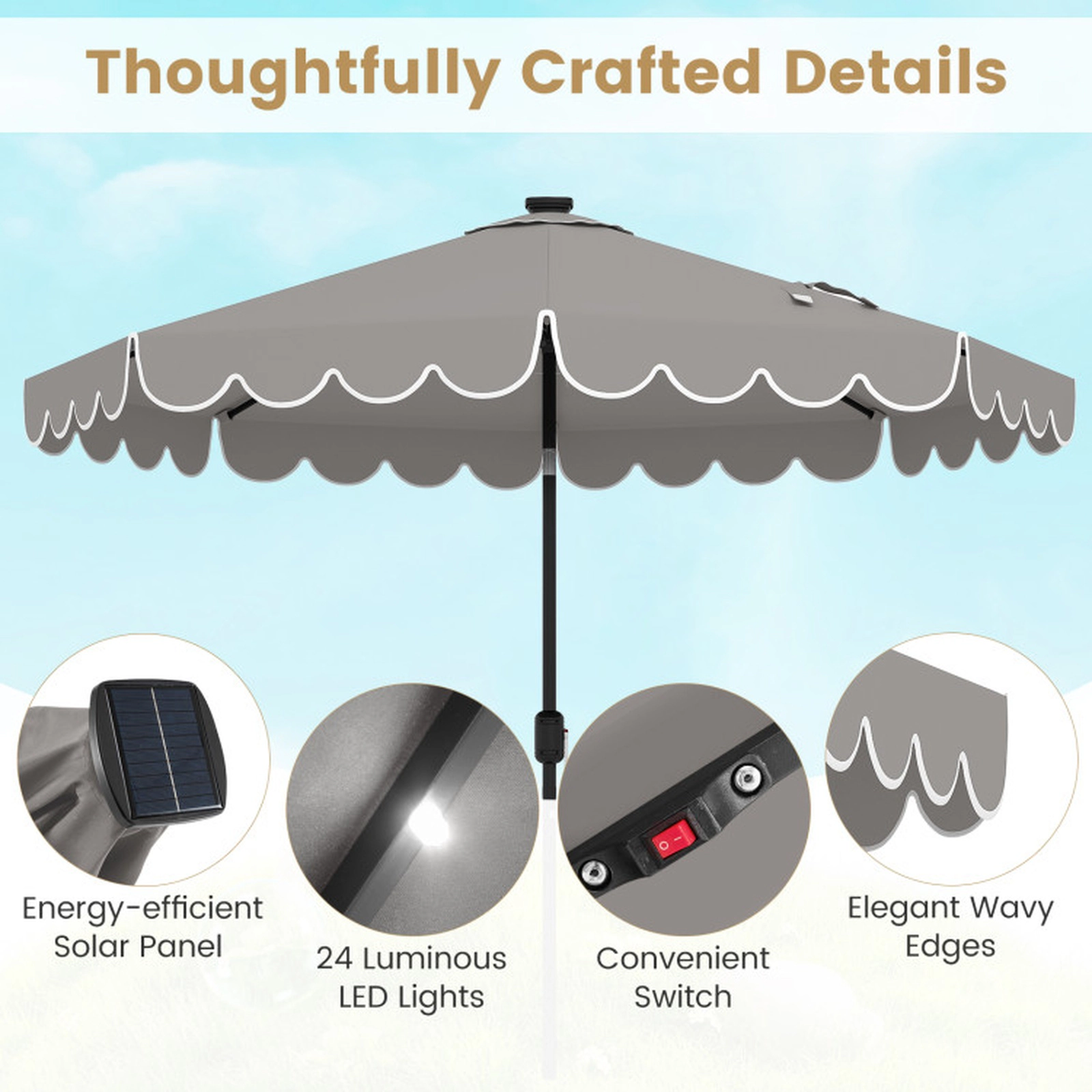 SUGIFT Gray Solar Patio Umbrella with Ruffled Edges Vented Top and 24 LED Lights 9.3-ft Dia 8.2-ft H