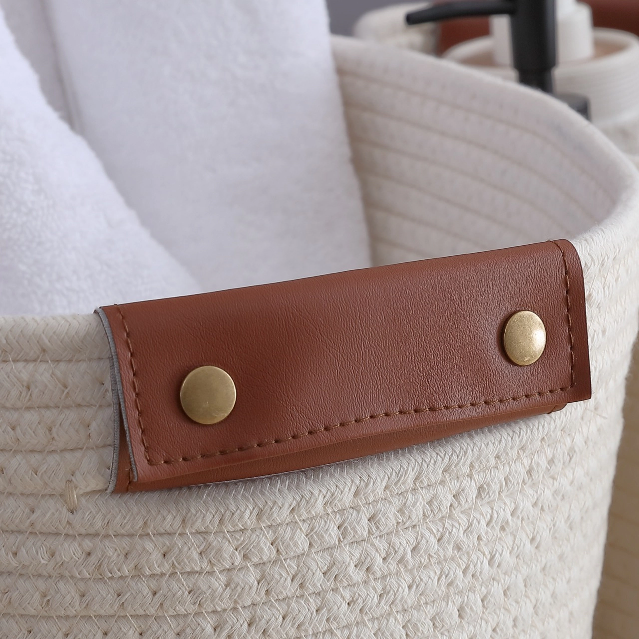 Ornavo Home 3 Pack Cotton Rope Shelf Basket with Faux Leather Handles - 15" x 10" 9"