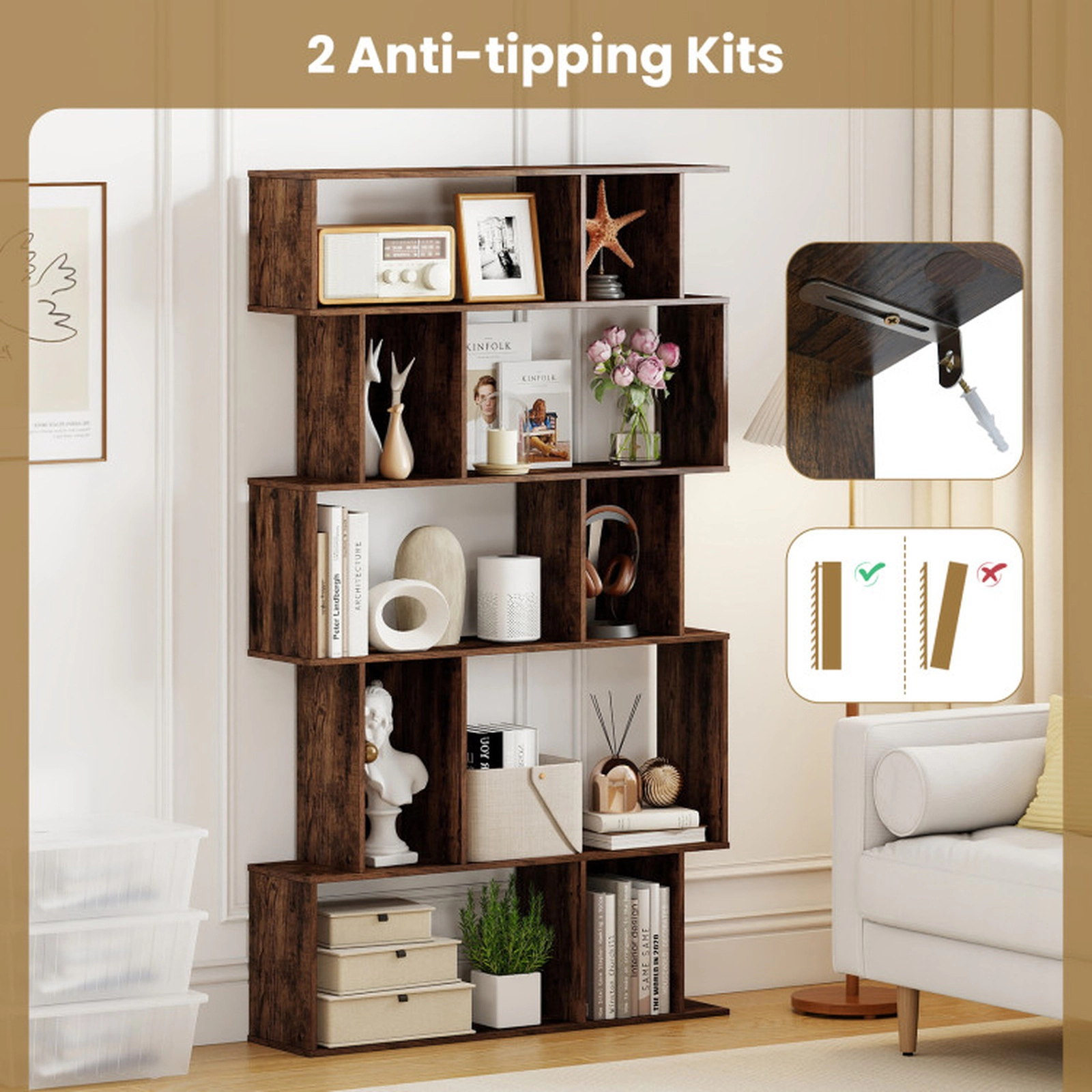 SUGIFT Set of 2 5-Tier Geometric S-Shaped Closed-Back Cubes Bookshelves 35.5-in x 8.5-in x 62-in 200-lb Capacity Brown