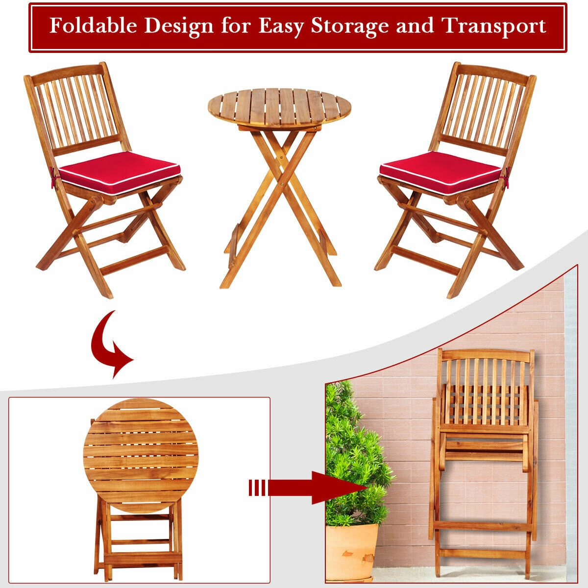 LJG 3 Pieces Patio Folding Bistro Set with Padded Cushion and Round Coffee Table