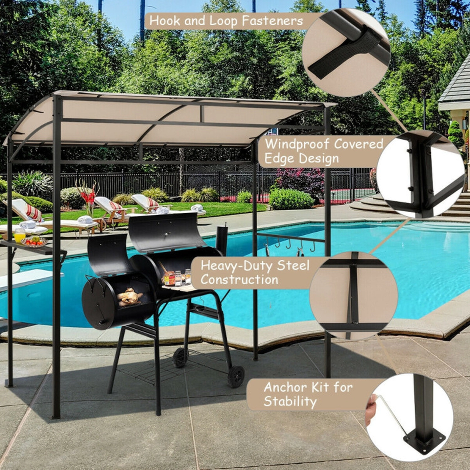 SUGIFT Grill Gazebo Outdoor Patio Garden BBQ Canopy Shelter 83-in Tall with Metal Shelf and Hooks Beige Brown