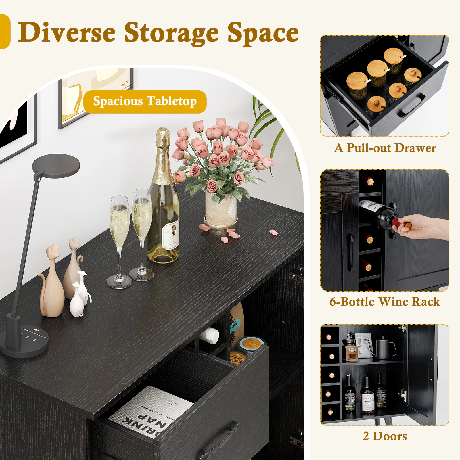 SUGIFT Modern Wine Bar Buffet Cabinet with 6-Bottle Wine Rack 125-lb Tabletop Capacity Black