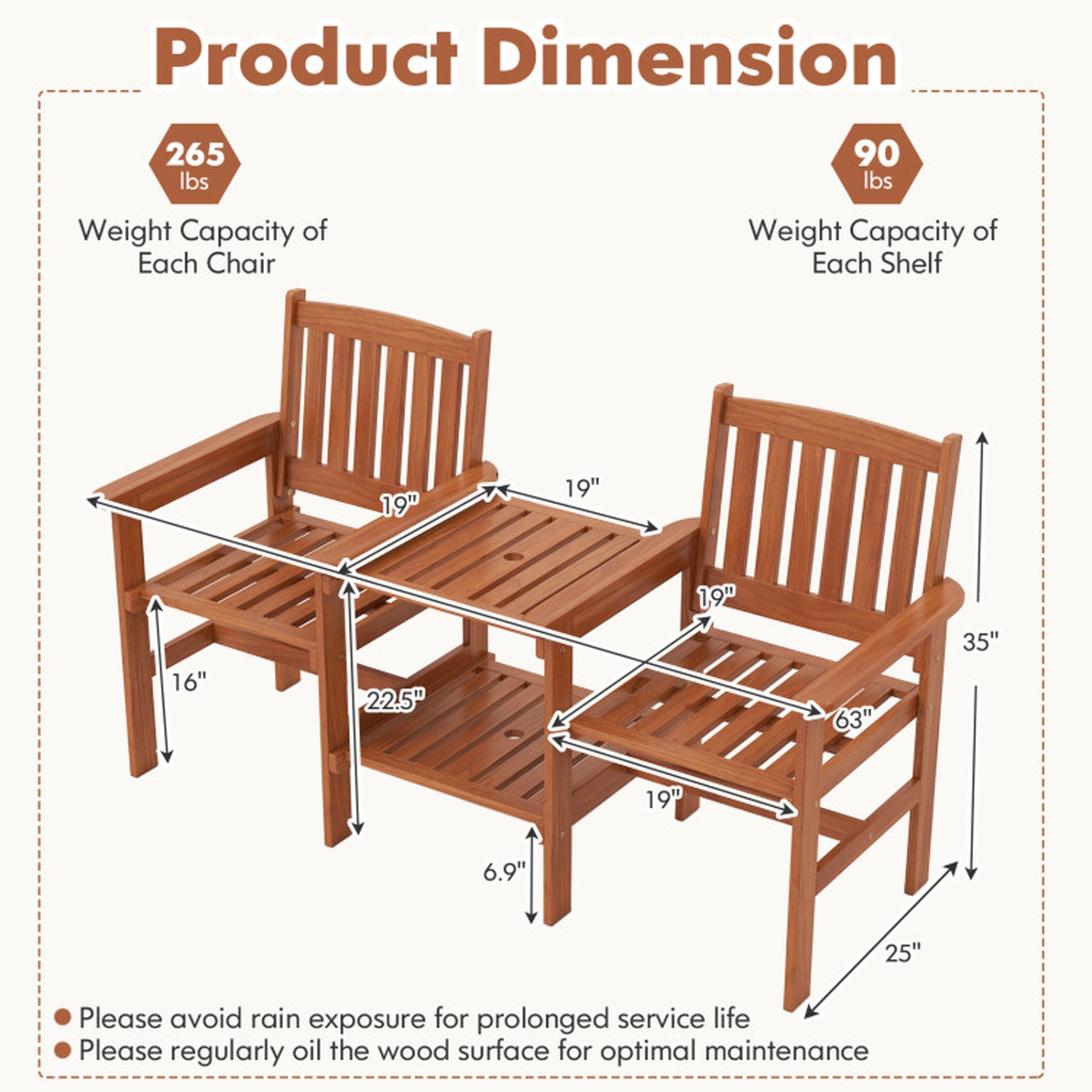 SUGIFT 2-Seater Outdoor Conversation Bench 1.57-in Umbrella Hole 265-lb Chair Capacity 90-lb Shelf Capacity Natural