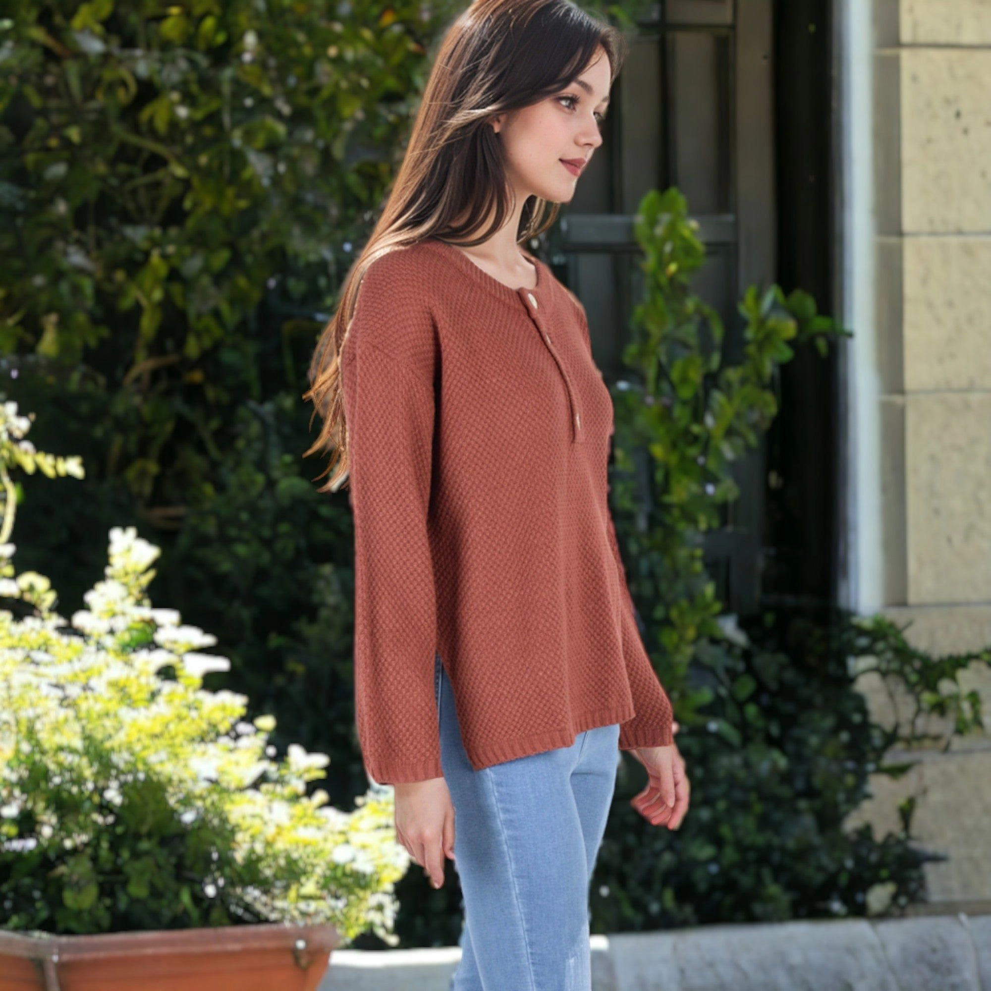Anna-Kaci Women's Contrast Half Button Henley Down Textured Sweater