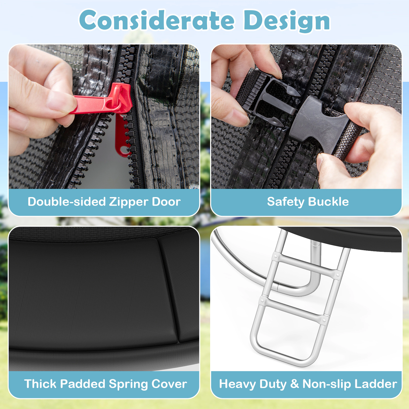 10-ft Outdoor Trampoline Safety Enclosure Net Ladder 880-lb Static Capacity Heavy-Duty Galvanized Trampoline Black