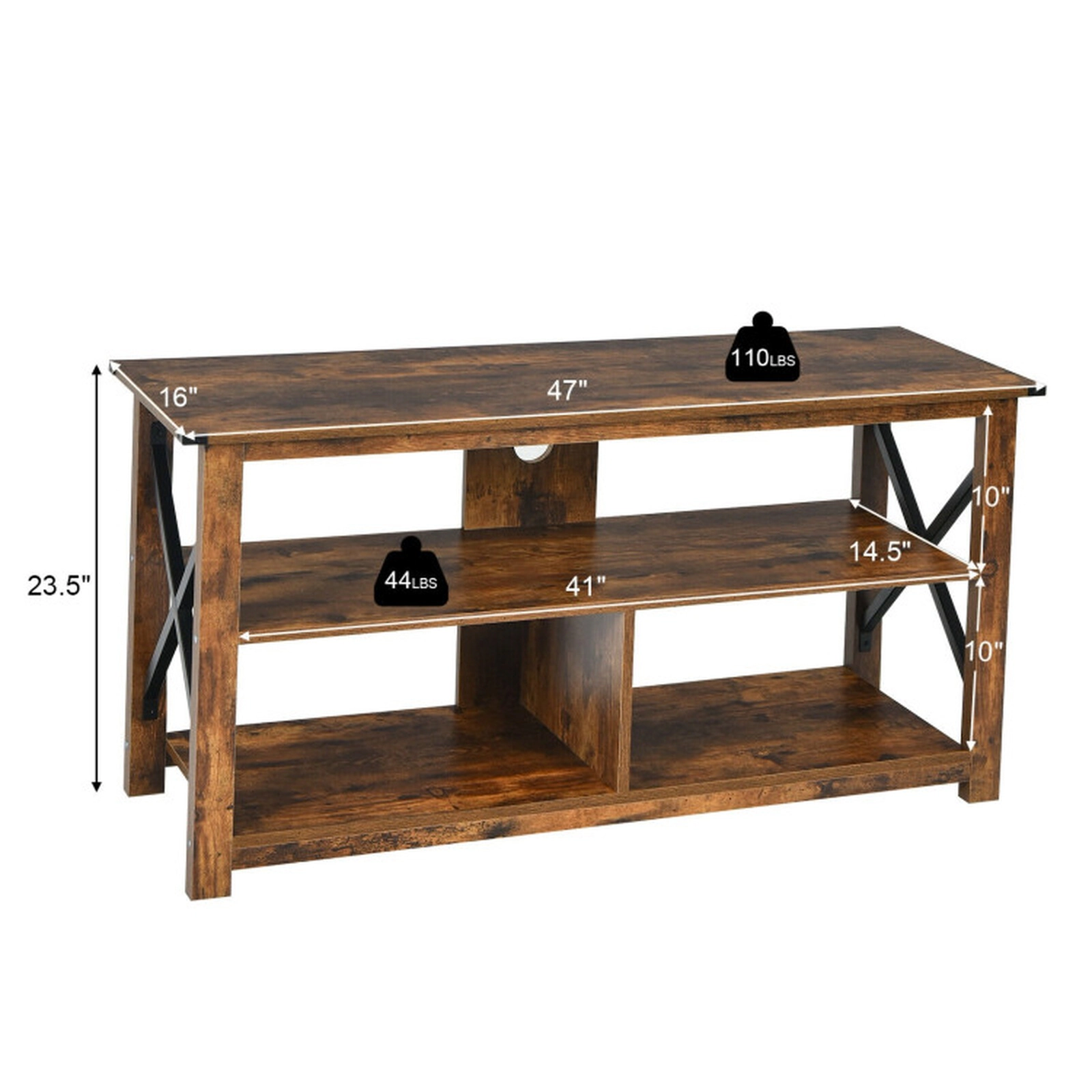 SUGIFT 3-Tier Engineered Wood TV Stand Open Shelves & X-Shaped Iron Frame for 55-in TVs 110-Lb Tabletop Capacity Brown