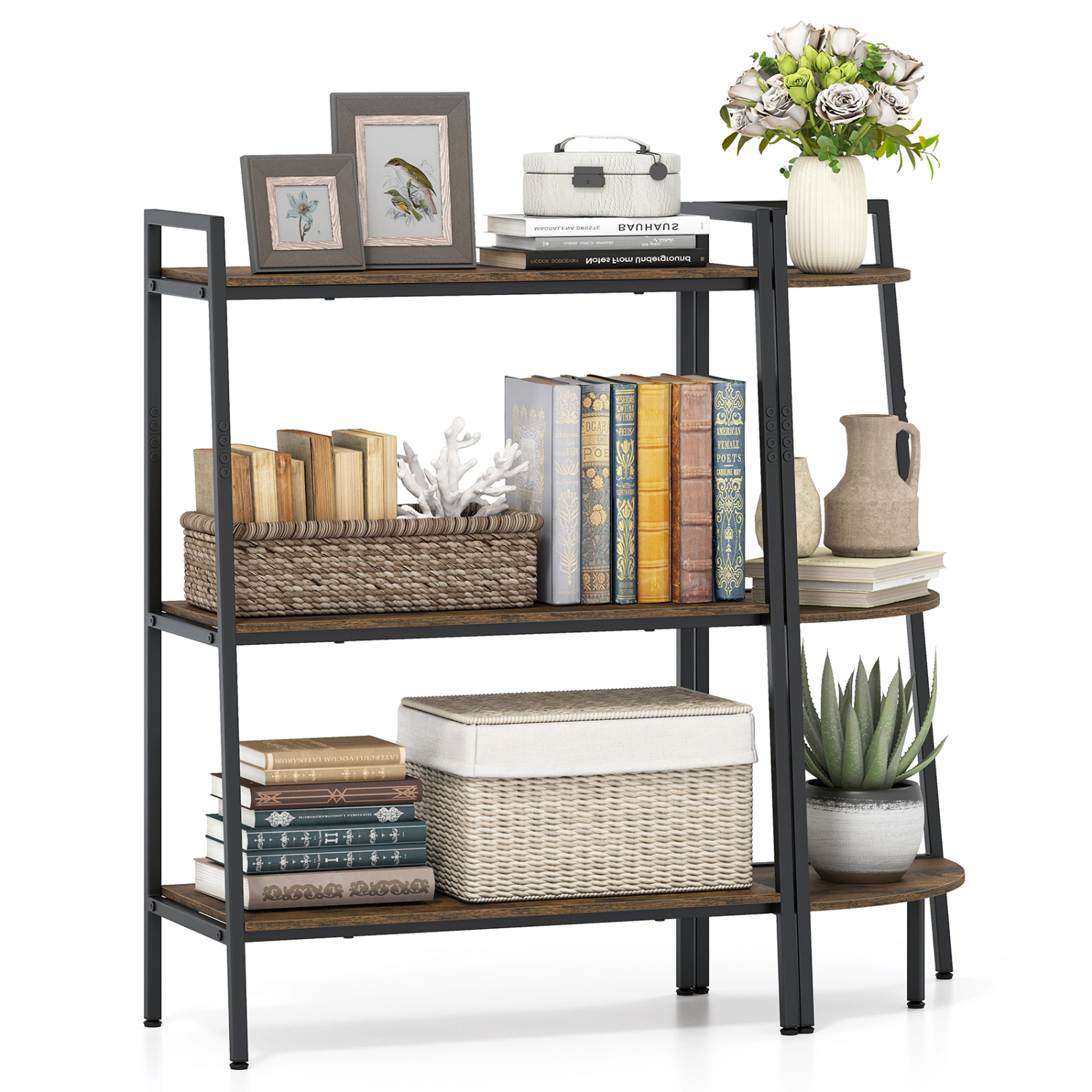 LJG 3-Tier Ladder Shelf and Corner Shelf Set with Metal Frame