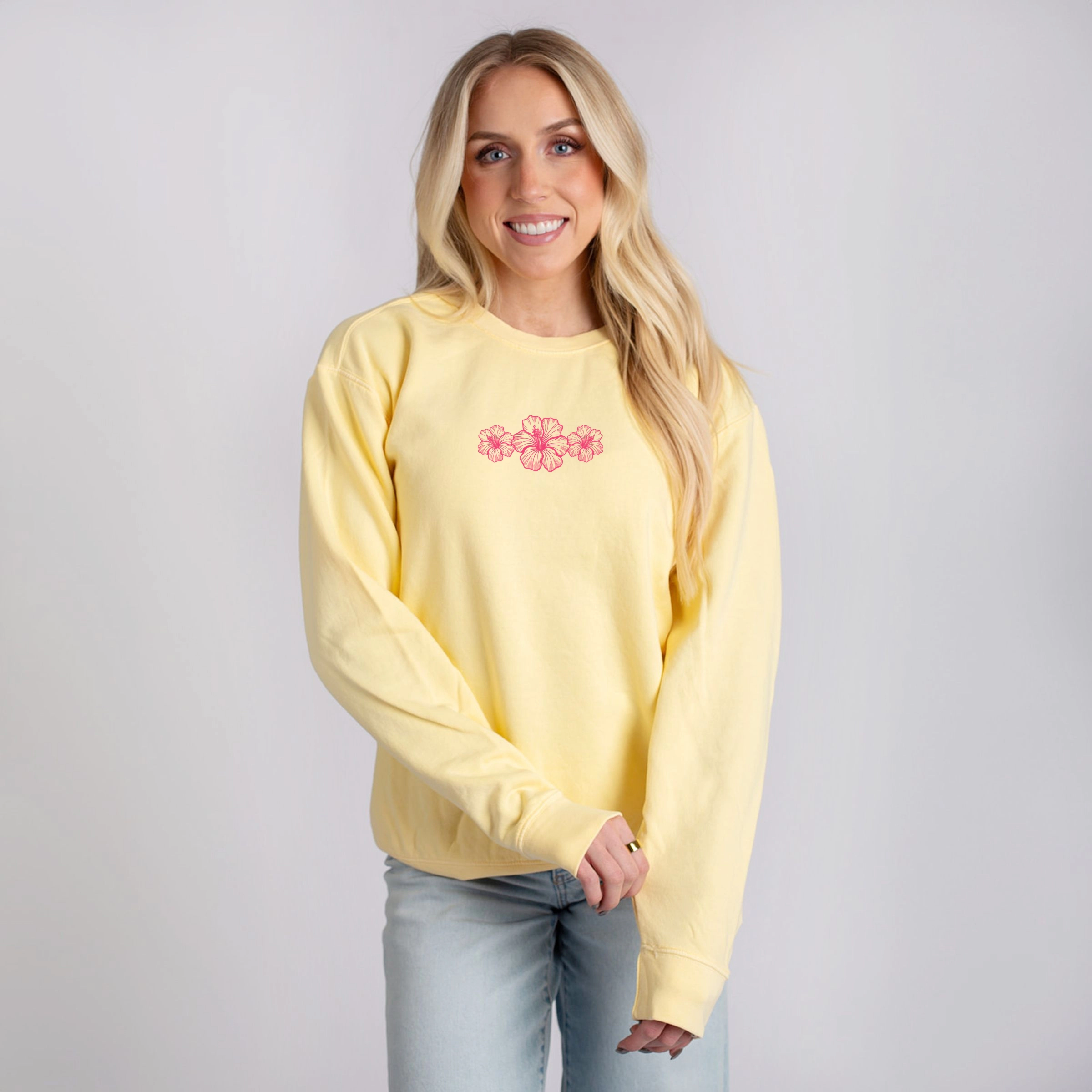 Simply Sage Market - Hibiscus Row Pink Women's Lightweight Garment Dyed Sweatshirt