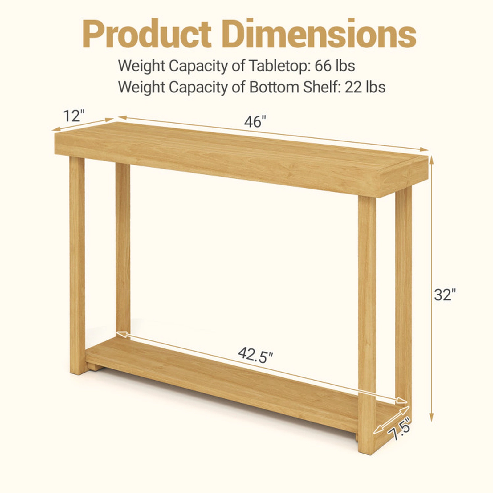 SUGIFT 46-in Teak Wood 2-Tier Console Table 66-lb Tabletop Capacity 22-lb Shelf Capacity Narrow Sofa Table Natural