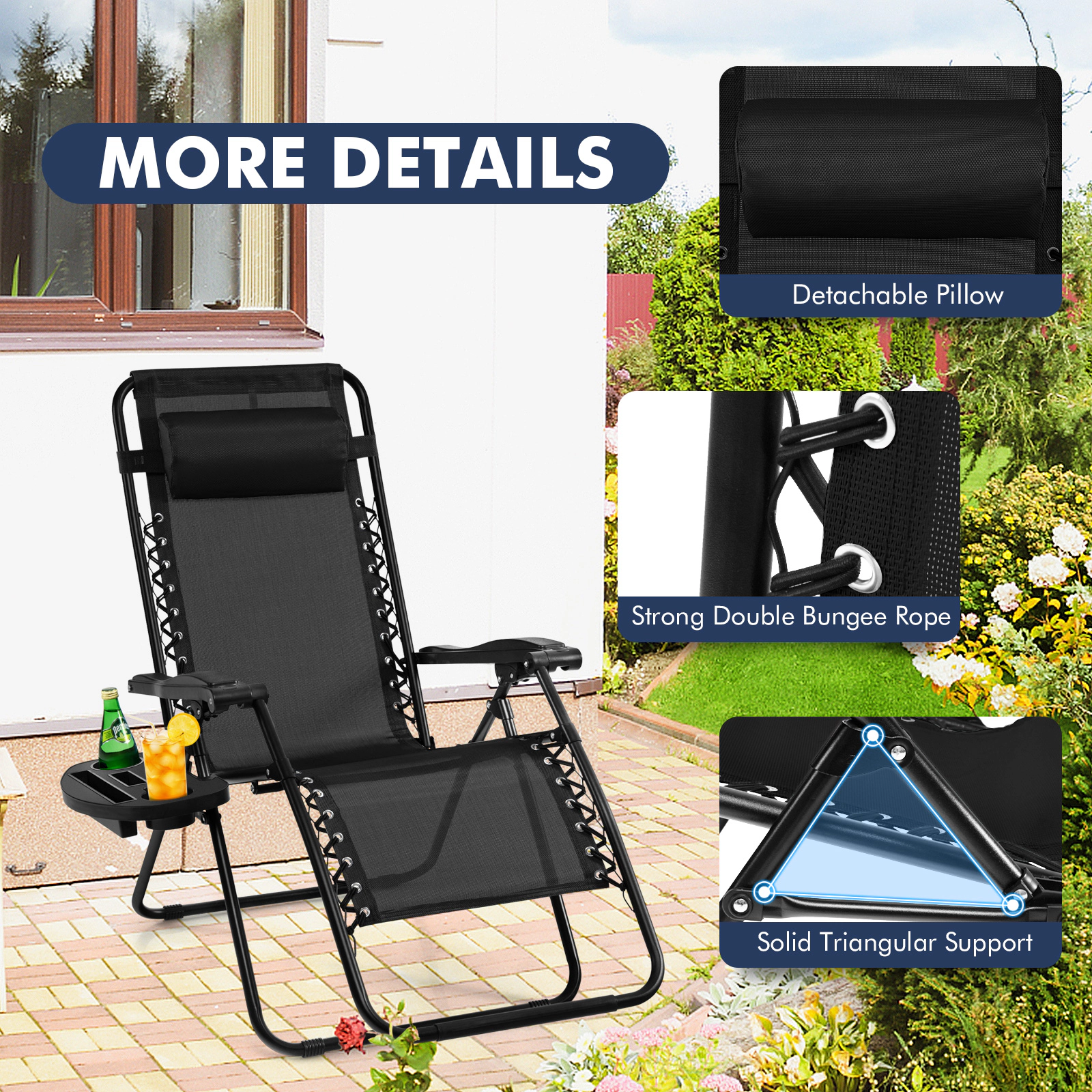 LJG Outdoor Folding Zero Gravity Reclining Lounge Chair with Utility Tray