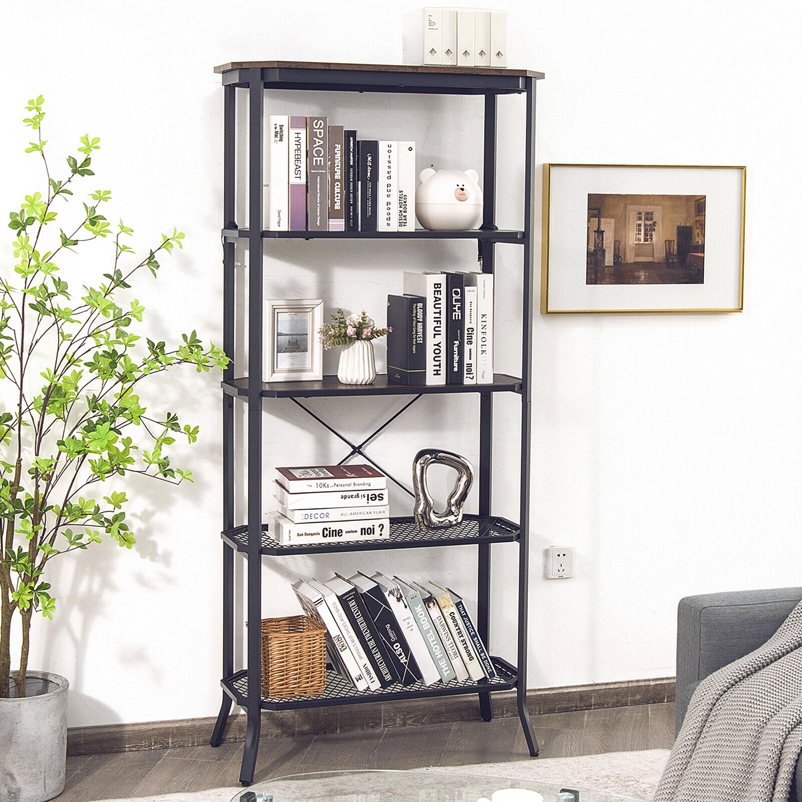 SUGIFT Rustic Brown Industrial 5-Layer Bookshelf 67.5 in with Out-Stretched Legs