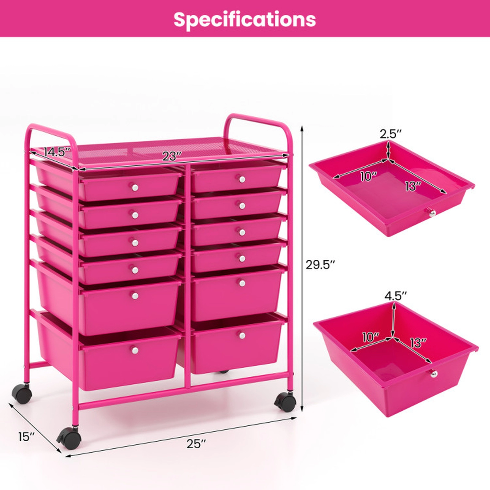 SUGIFT 12-Drawer Rolling Storage Cart Removable Drawers Metal Top 4 Casters 2 Brakes Salon Office Craft Storage Rose Red