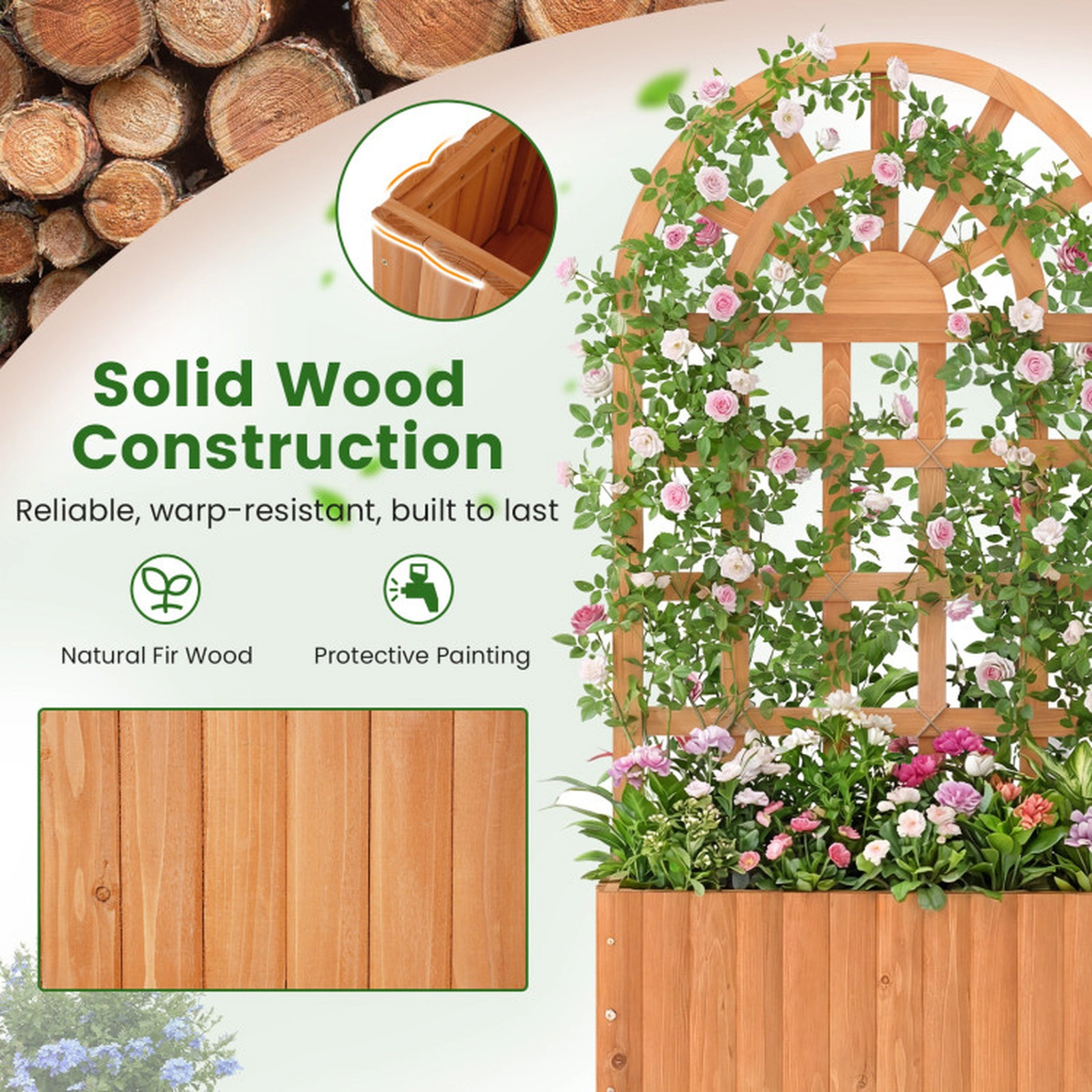SUGIFT 48-in 66-lb Capacity Fir Wood Raised Garden Bed with Lattice Trellis Rounded Roof and Detachable Base