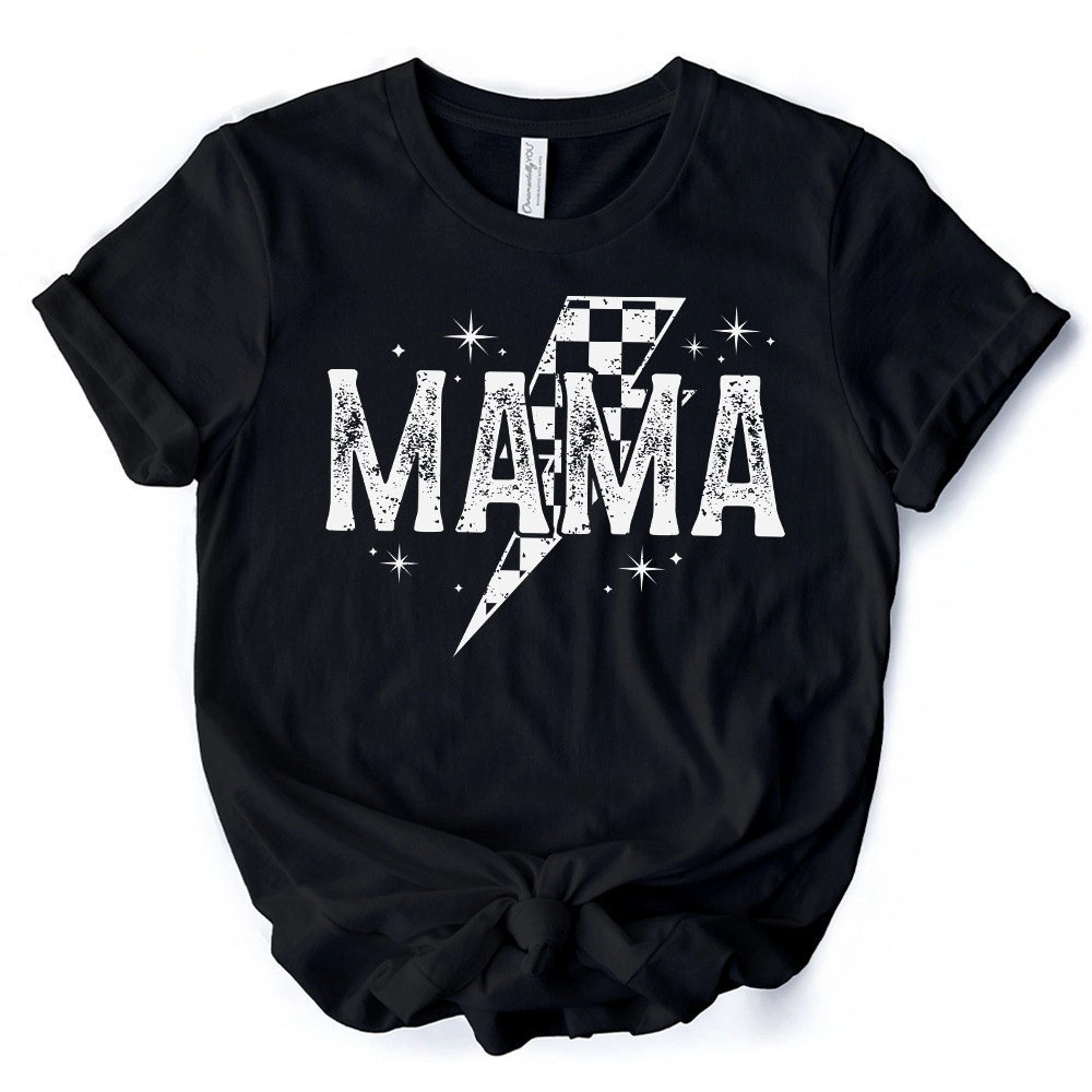 OrnamentallyYou Womens Checkered Lightning Bolt Mama T-Shirt