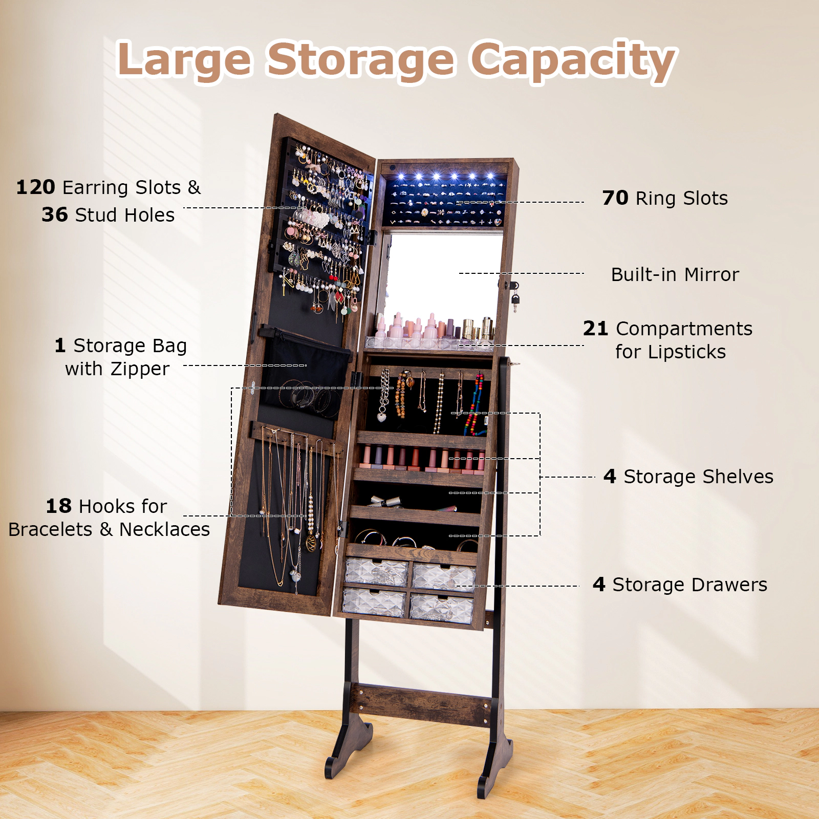 Hivvago Full-Length Jewelry Cabinet with Built-In Lights