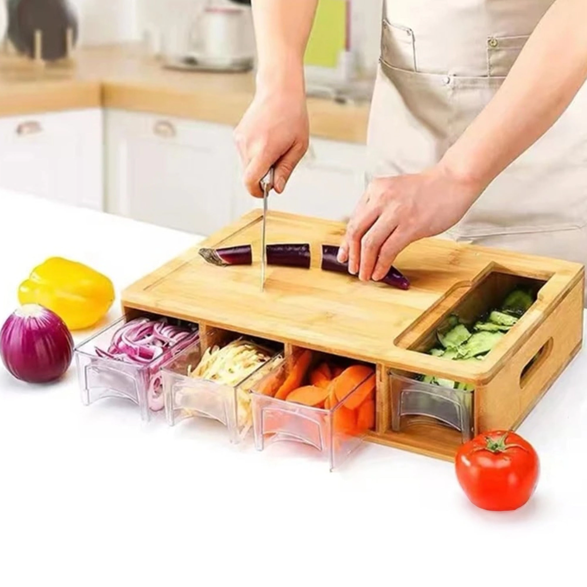 Cheer Collection Bamboo Cutting Board with Integrated Graters and 4 Storage