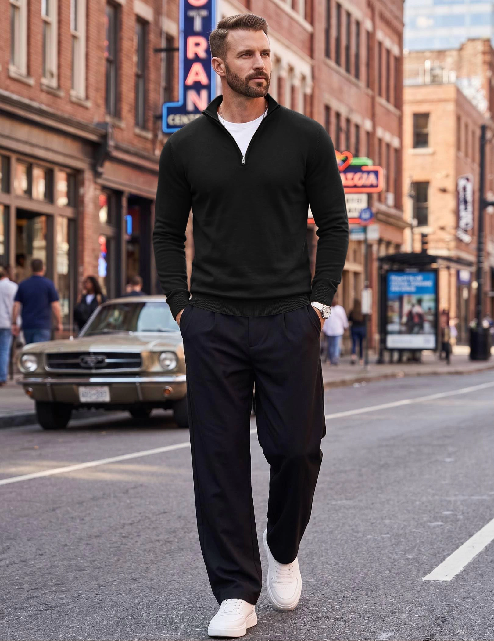 COOFANDY Men's Regular Fit Mock Neck Long Sleeve Quarter Zip Pullover Sweater